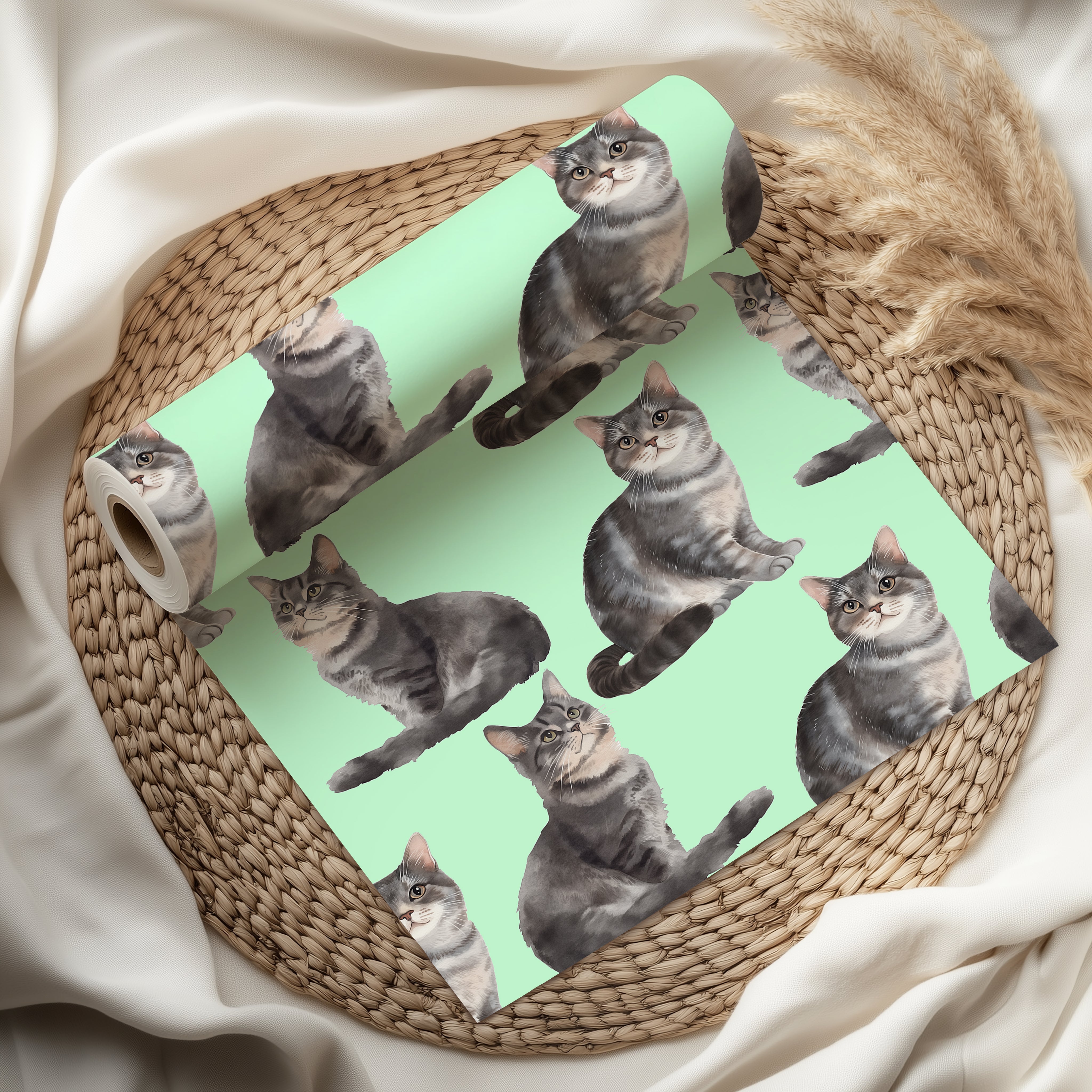 Watercolour Cat Wrapping Paper Sheet – Adorable Tabby Kitten Gift Wrap for Cat Lovers