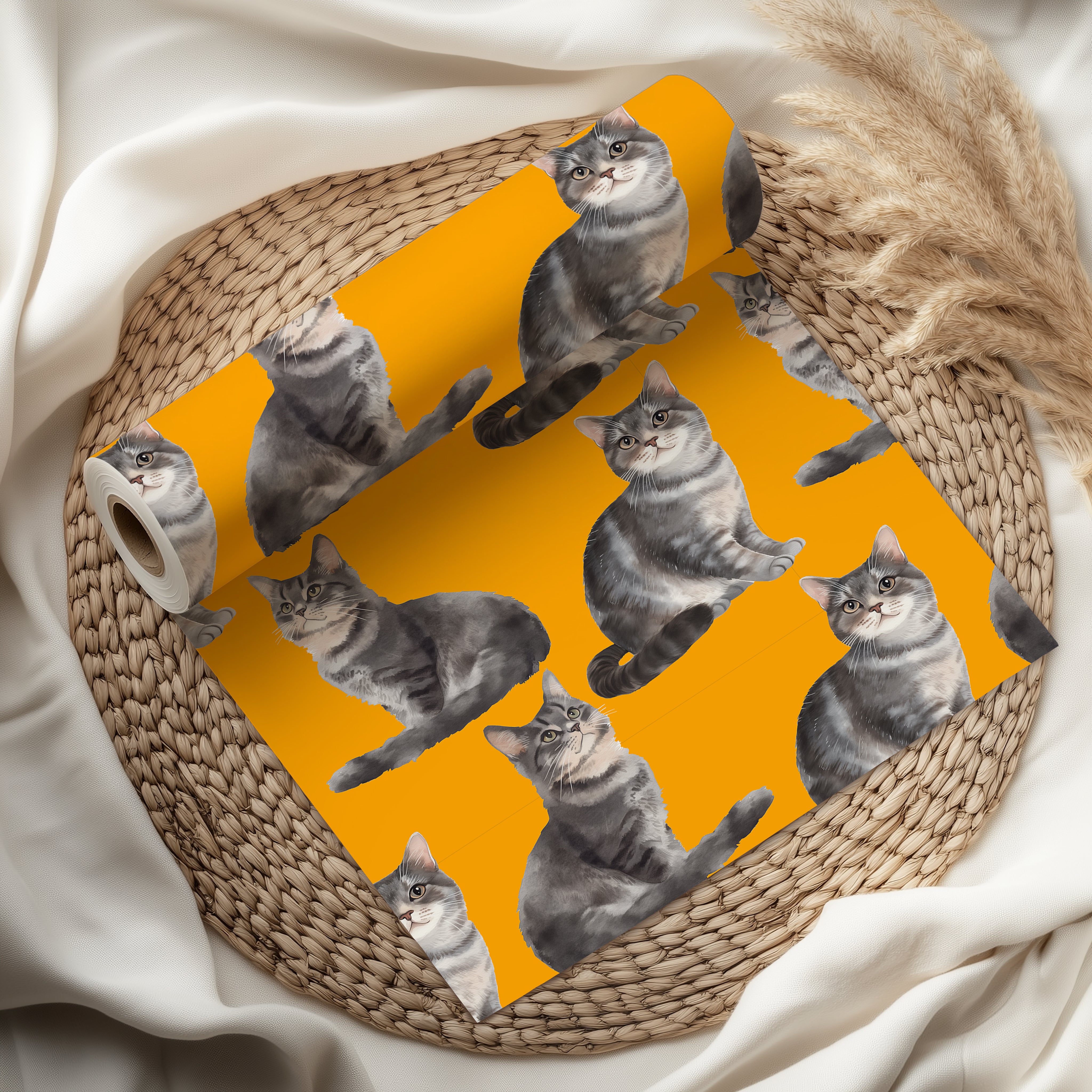 Watercolour Cat Wrapping Paper Sheet – Adorable Tabby Kitten Gift Wrap for Cat Lovers