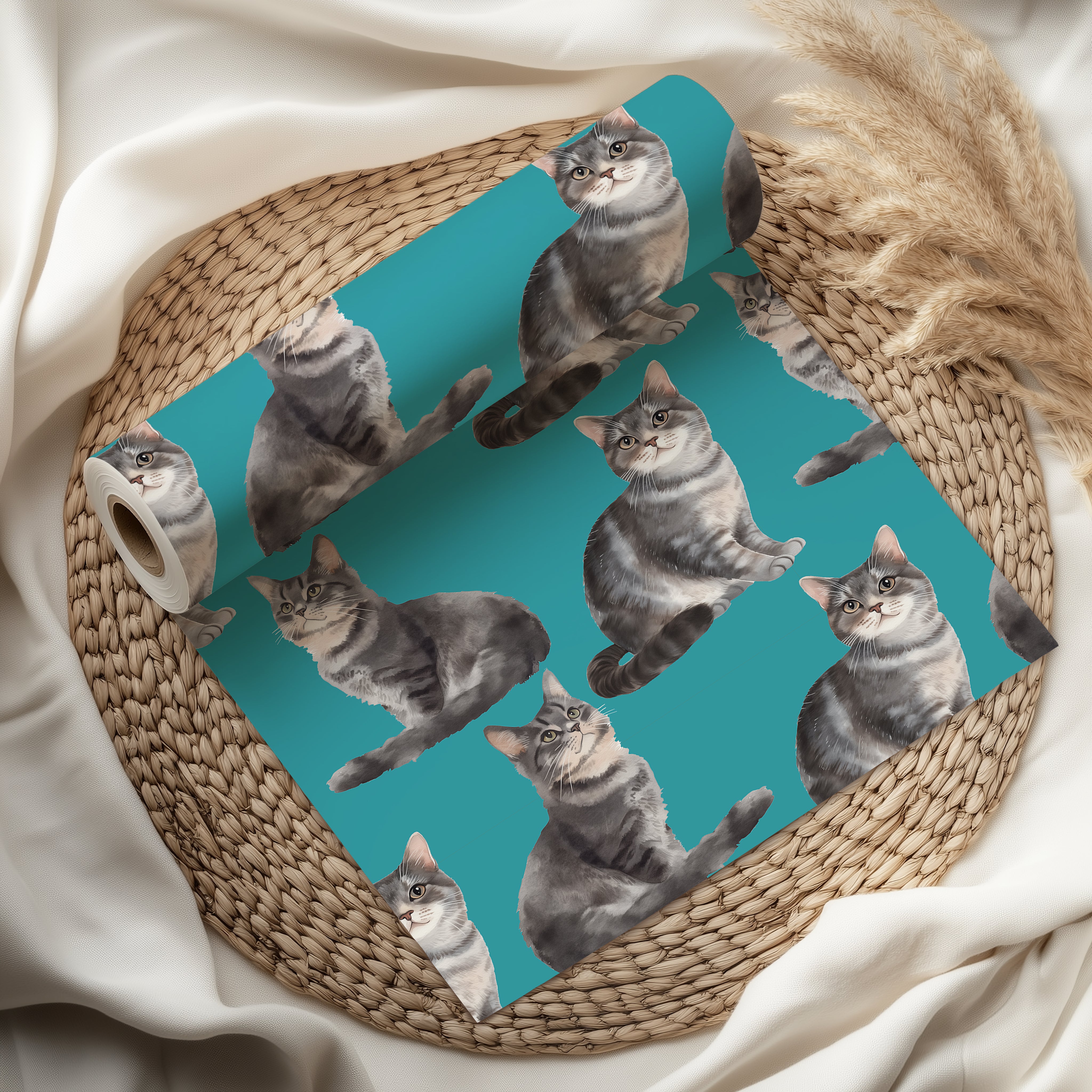 Watercolour Cat Wrapping Paper Sheet – Adorable Tabby Kitten Gift Wrap for Cat Lovers