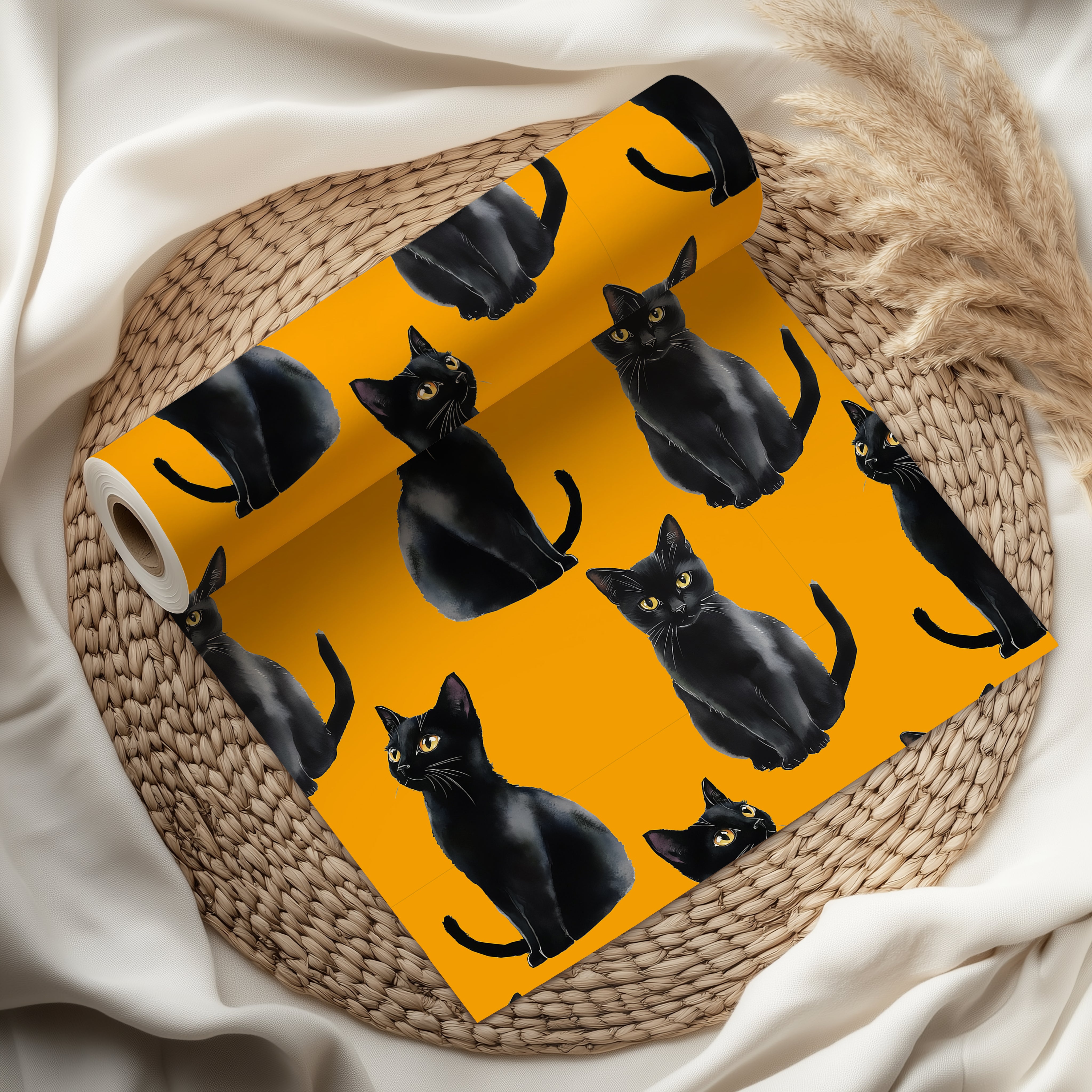 Watercolour Black Cat Wrapping Paper Sheet – Adorable Gift Wrap with Cats and Kittens for Cat Lovers