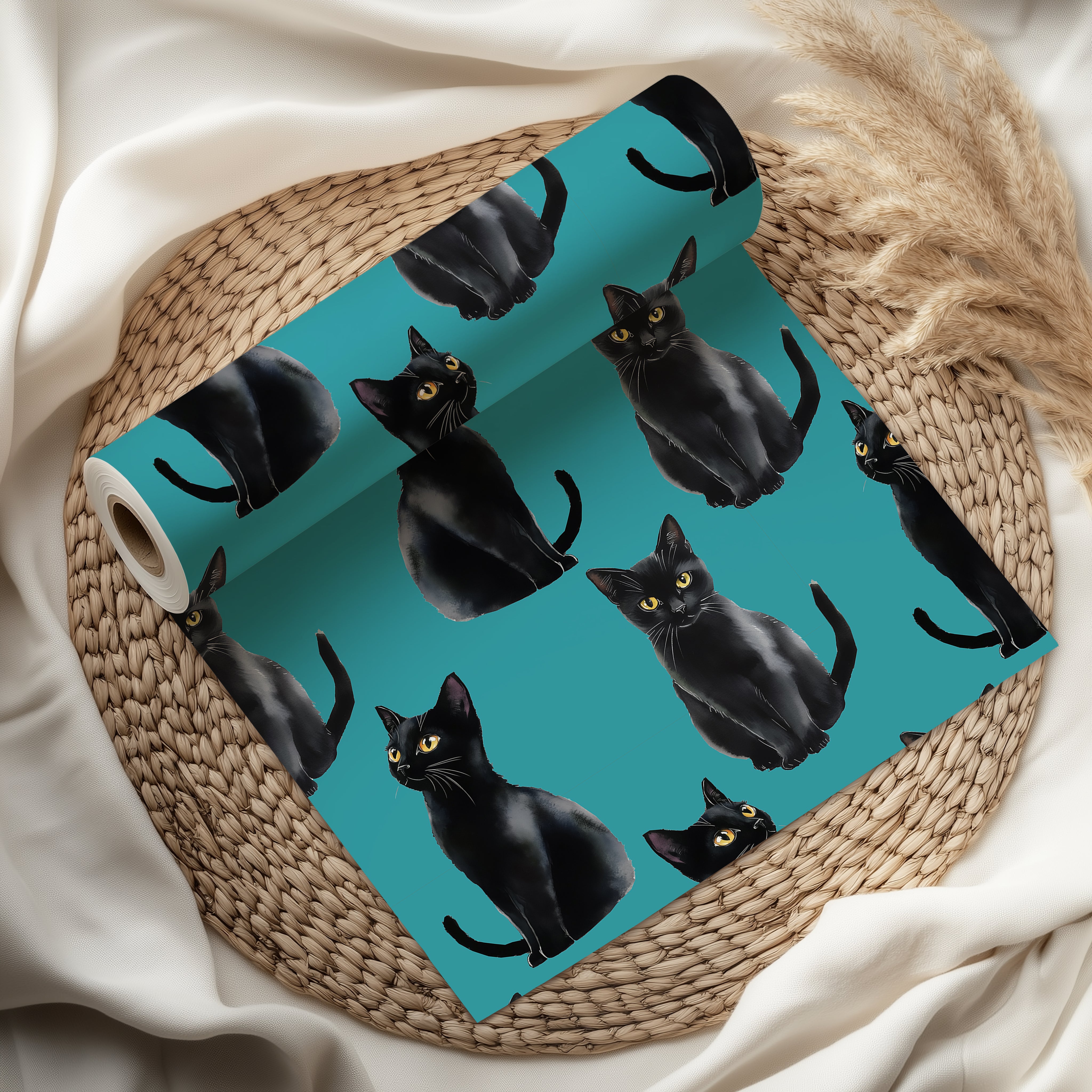 Watercolour Black Cat Wrapping Paper Sheet – Adorable Gift Wrap with Cats and Kittens for Cat Lovers