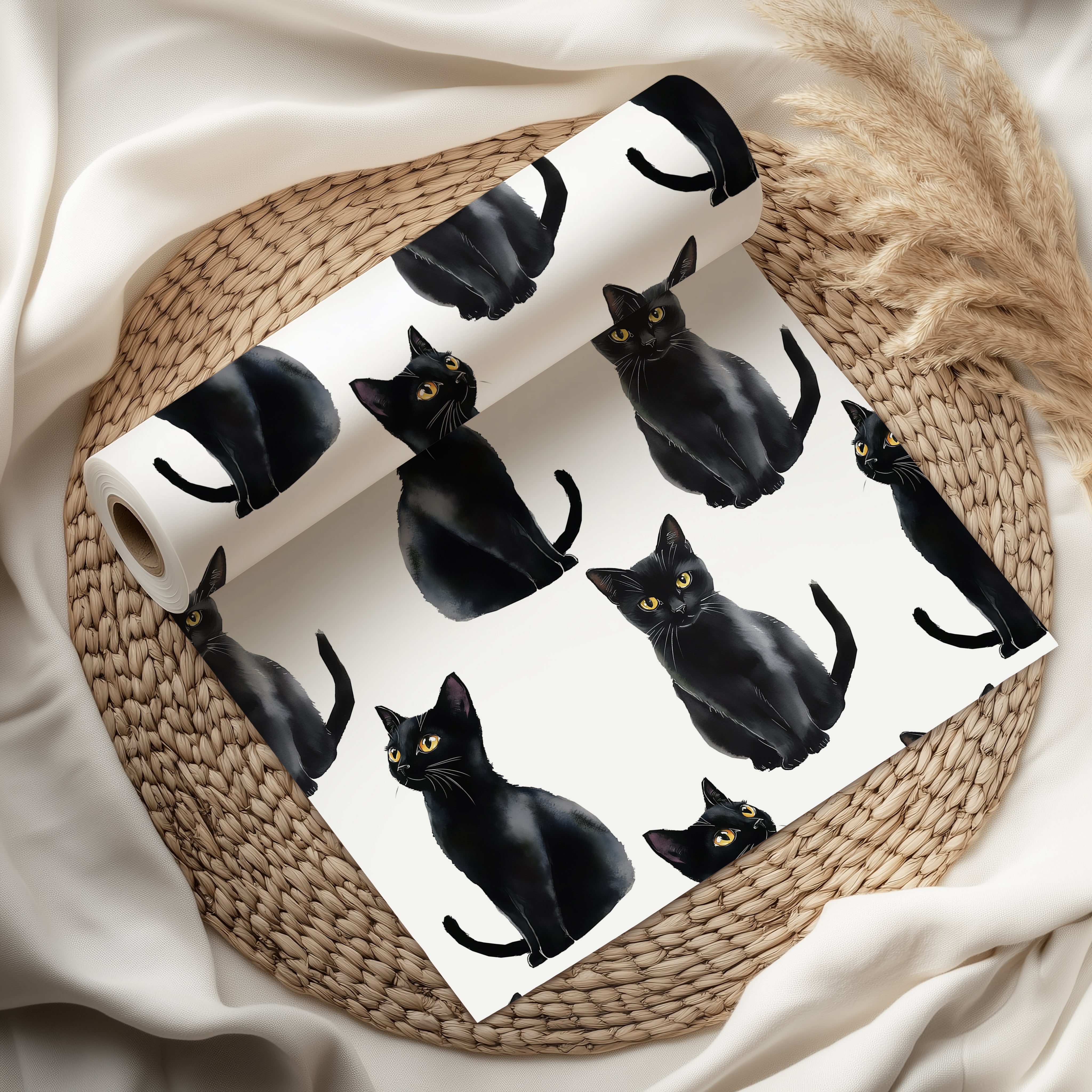 Watercolour Black Cat Wrapping Paper Sheet – Adorable Gift Wrap with Cats and Kittens for Cat Lovers