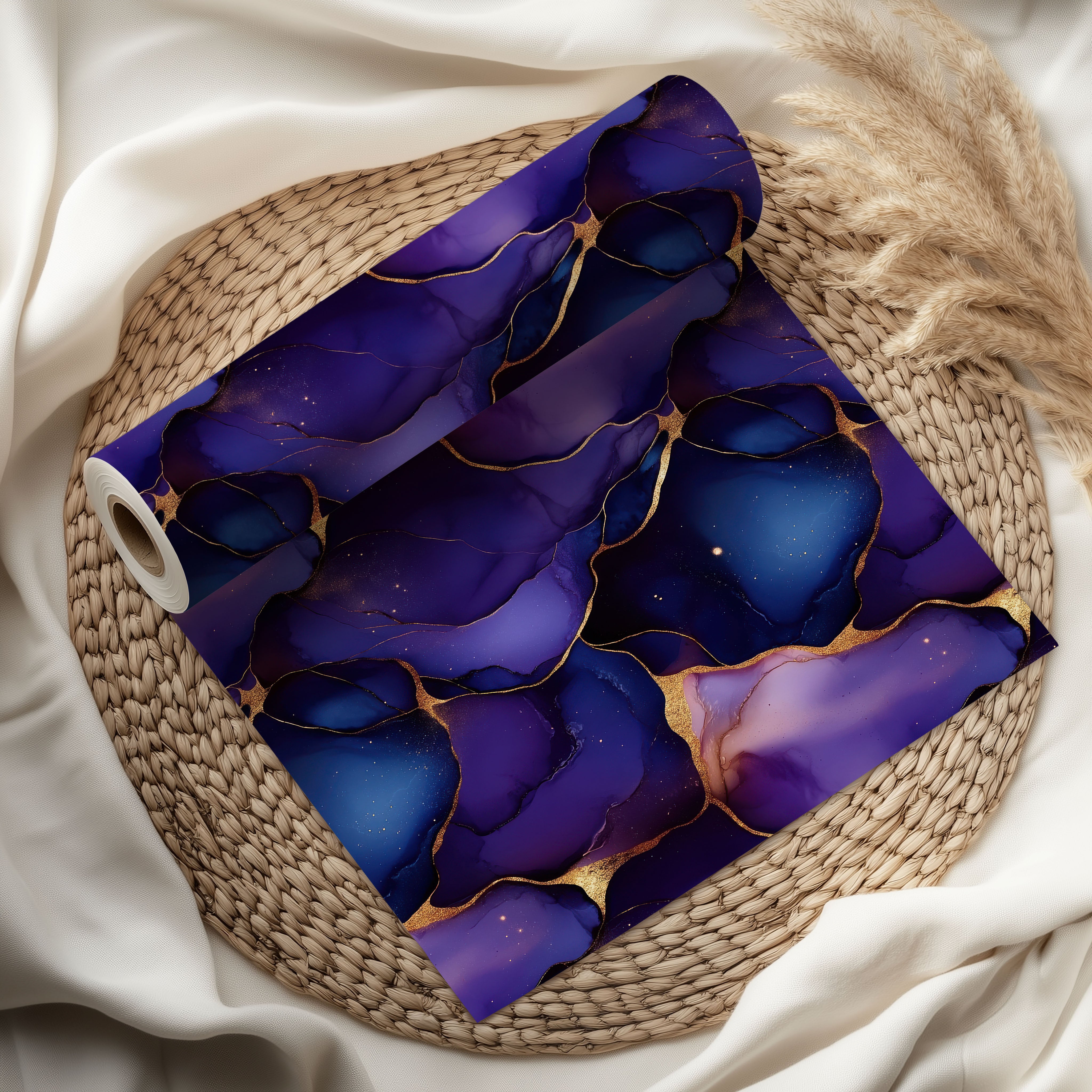 Purple & Gold Marble Alcohol Ink Gift Wrapping Paper Sheets – Pack of 2 50x70cm