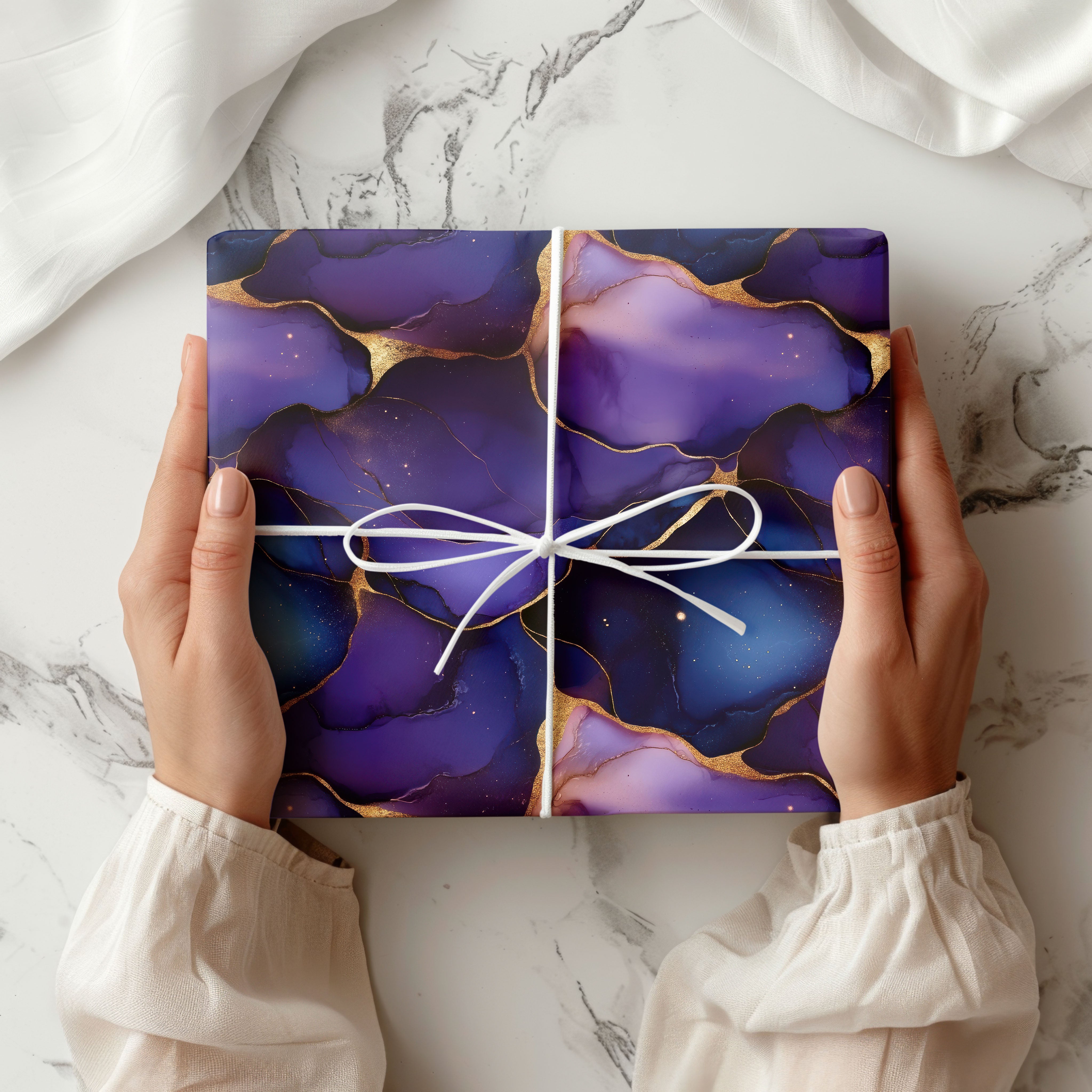 Purple & Gold Marble Alcohol Ink Gift Wrapping Paper Sheets – Pack of 2 50x70cm