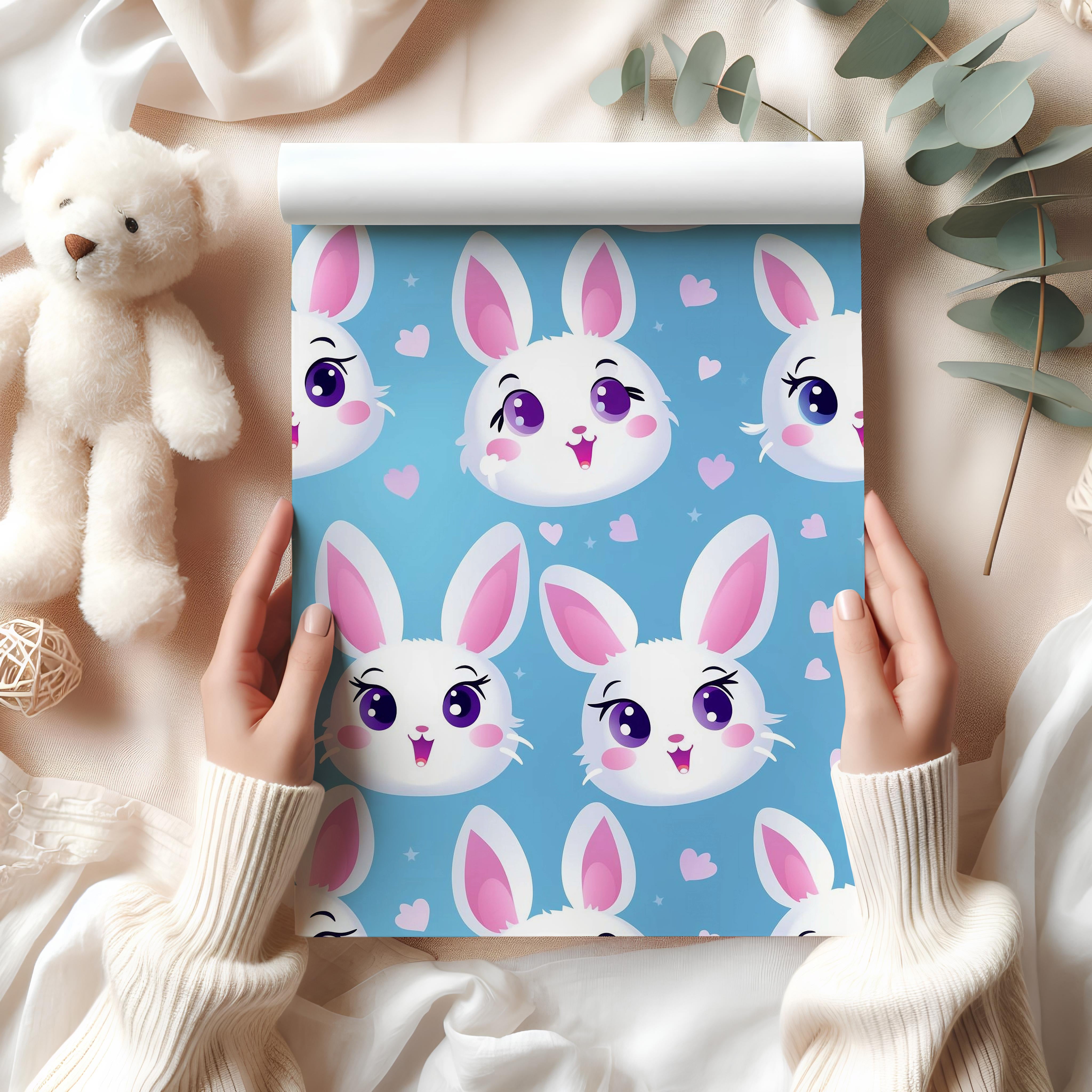 Cute Bunny Wrapping Paper Sheet – Adorable Kawaii Rabbit Gift Wrap for Girls' Birthdays or Easter, Blue
