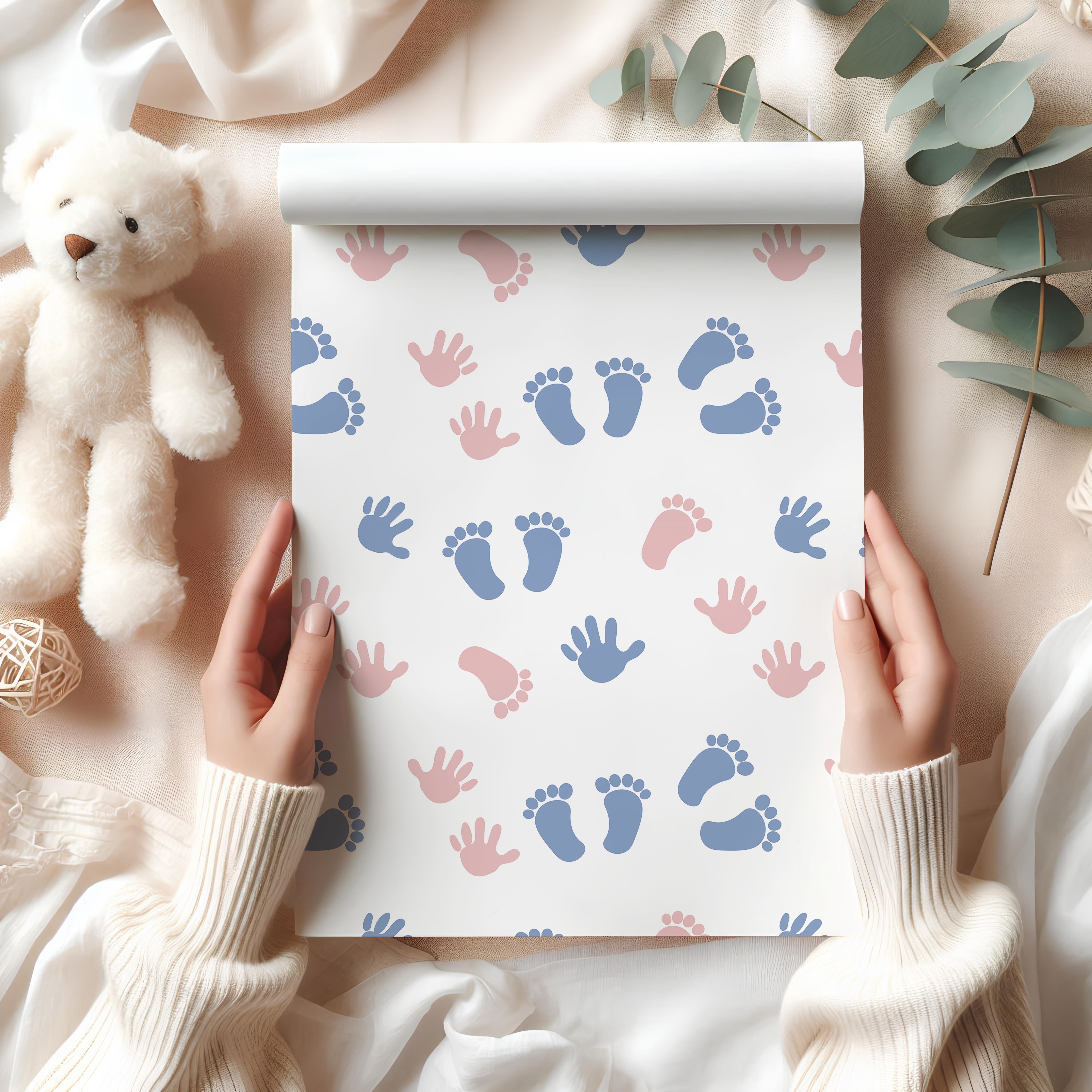 Handprint Footprint Wrapping Paper Sheet – Pink and Blue Gender Reveal Gift Wrap for Baby Shower, White