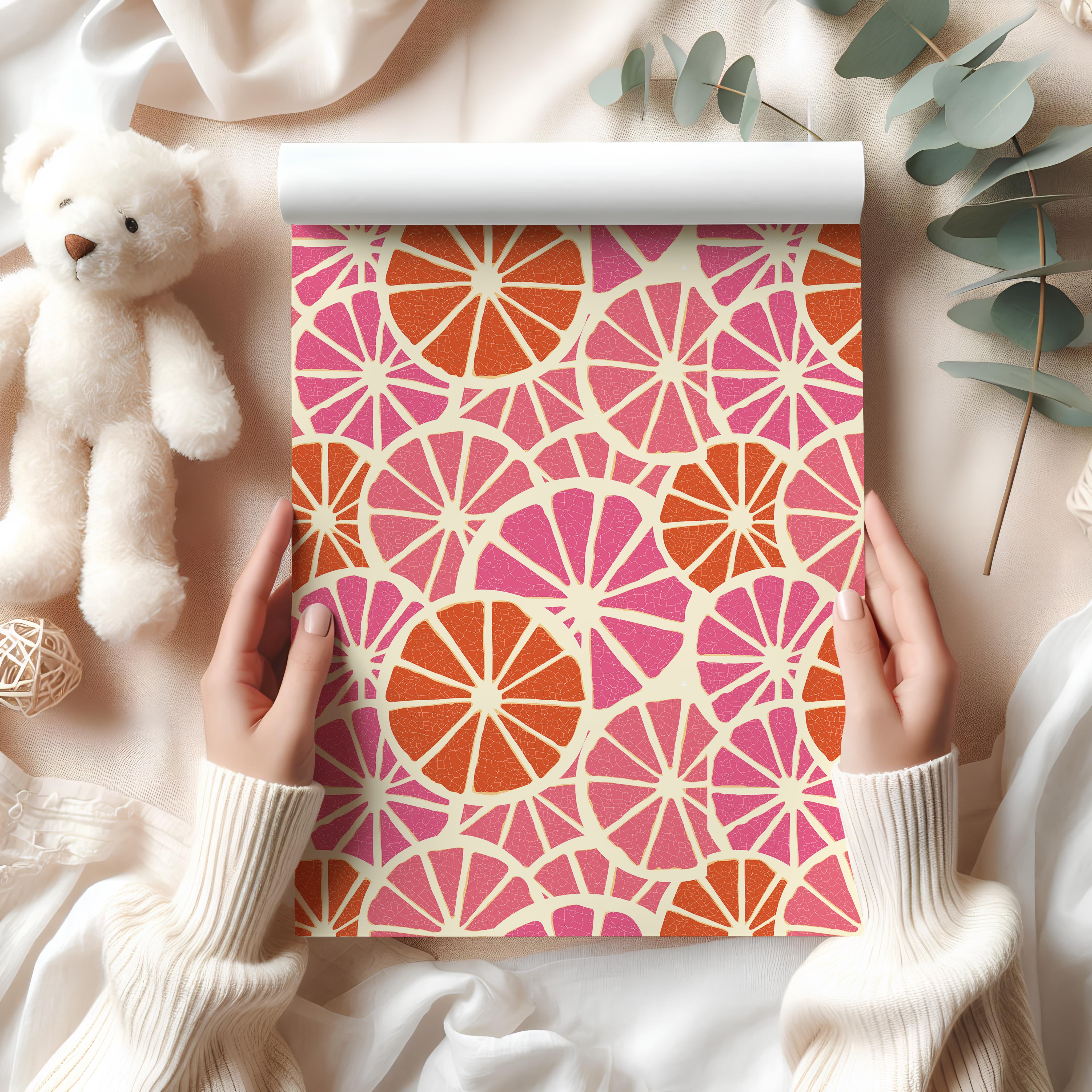 Grapefruit Citrus Slice Wrapping Paper Sheet – Pink and Orange Fruit Gift Wrap for Summer Parties, Ivory