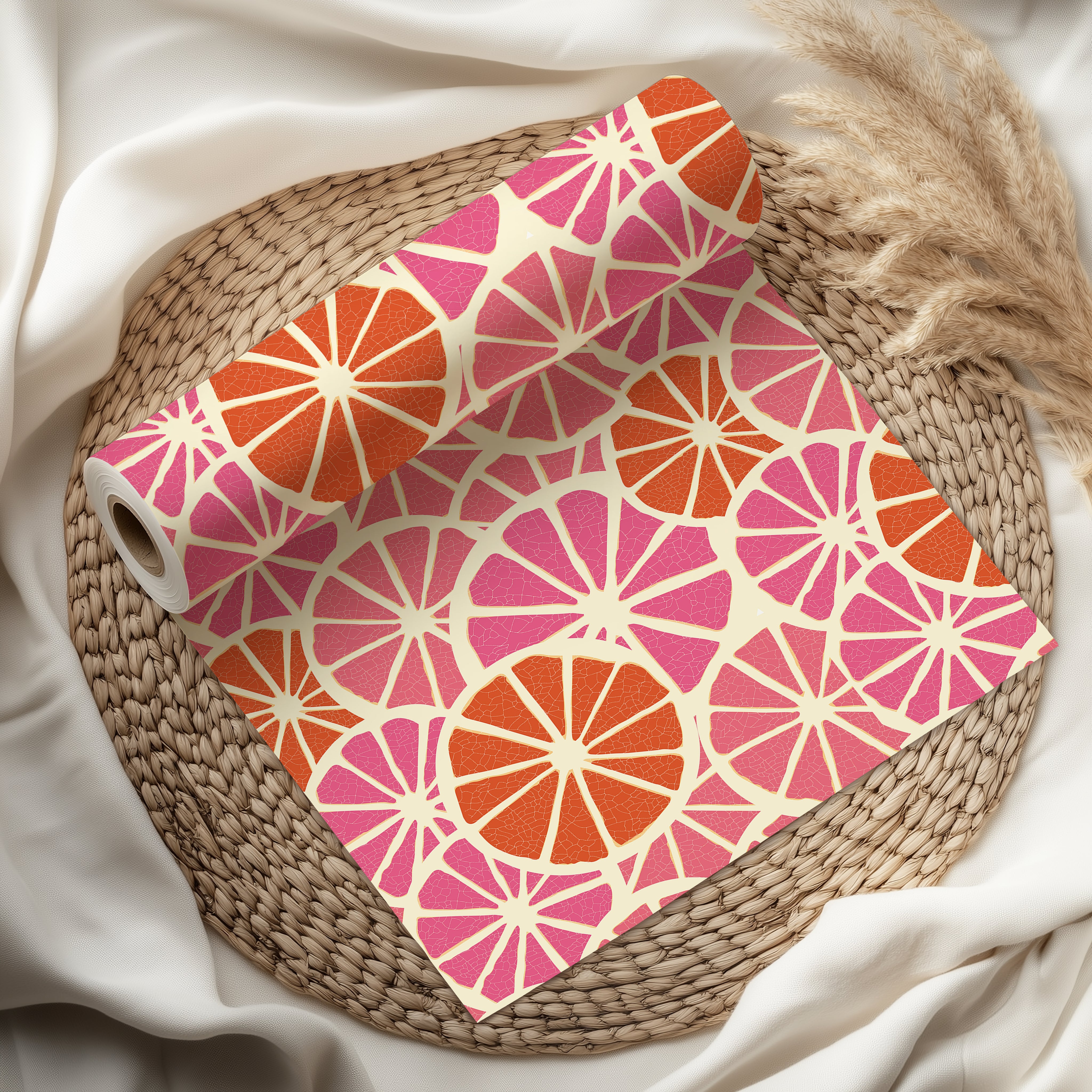 Grapefruit Citrus Slice Wrapping Paper Sheet – Pink and Orange Fruit Gift Wrap for Summer Parties, Ivory