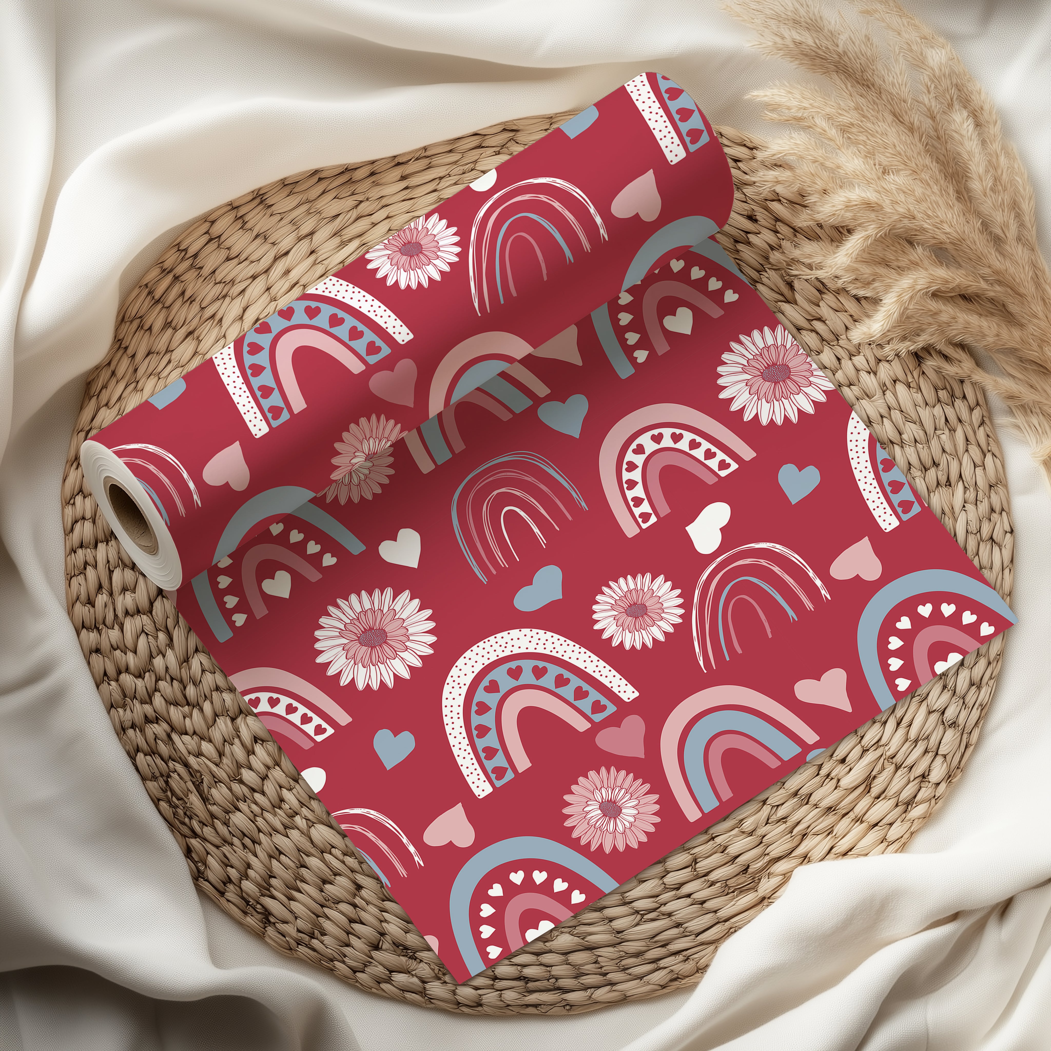 Boho Rainbow Wrapping Paper Sheet – Floral Heart Gift Wrap for Girls' Birthdays or Baby Showers, Crimson Red