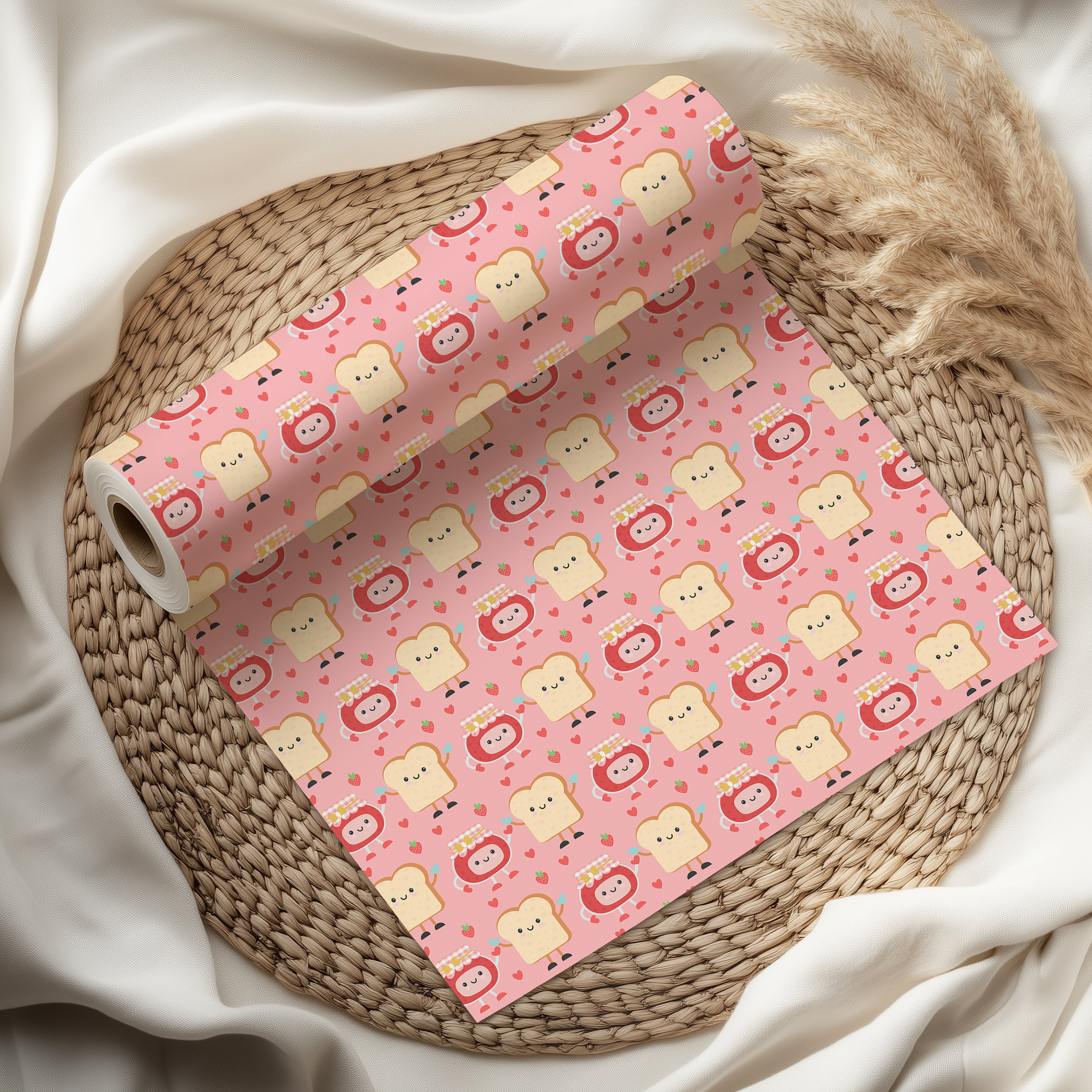 Cute Toast and Jam Wrapping Paper Sheet – Adorable Food Gift Wrap for Kids' Birthdays or Breakfast Lovers, Pink