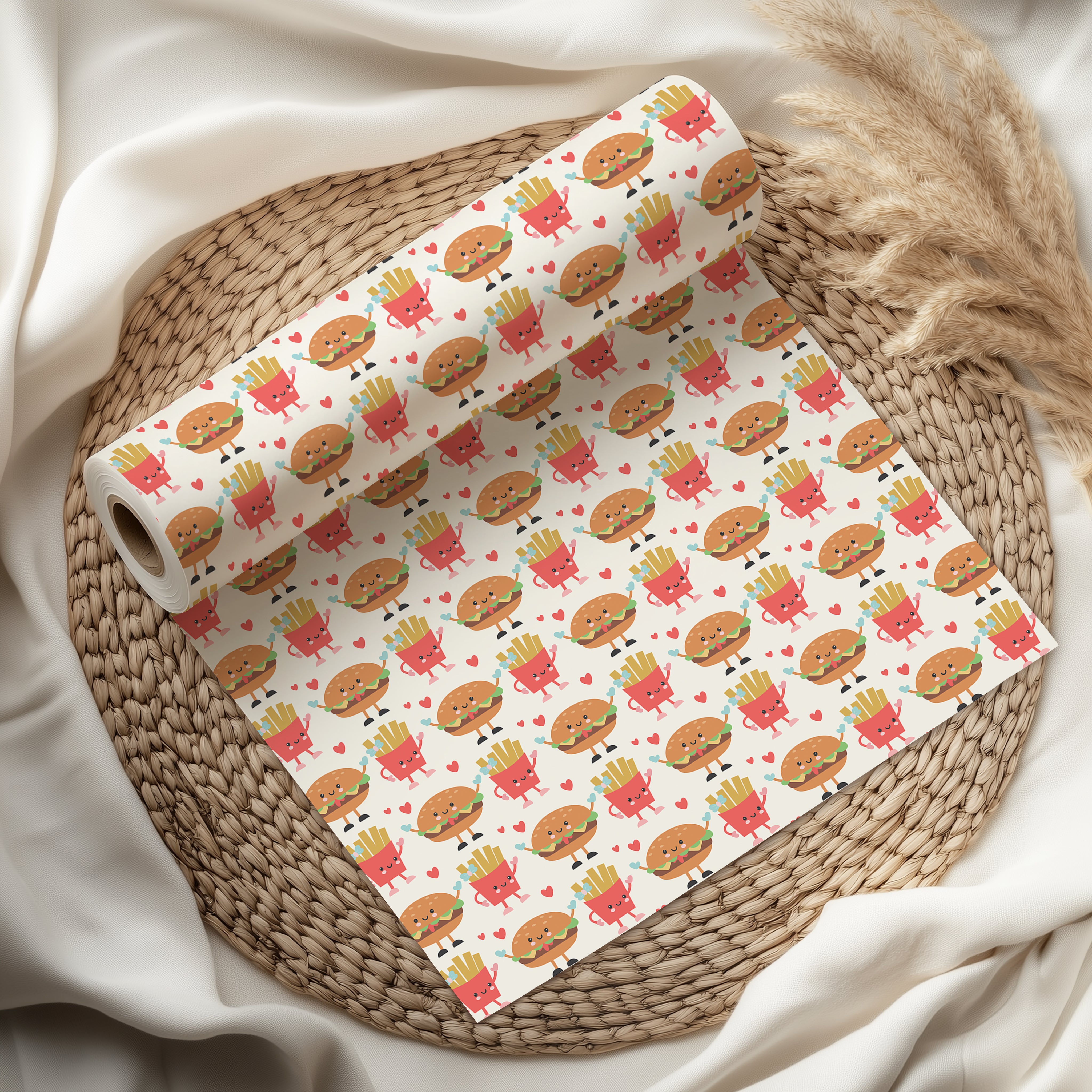 Cute Burger and Fries Wrapping Paper Sheet – Adorable Fast Food Gift Wrap for Birthdays or Food Lovers, White