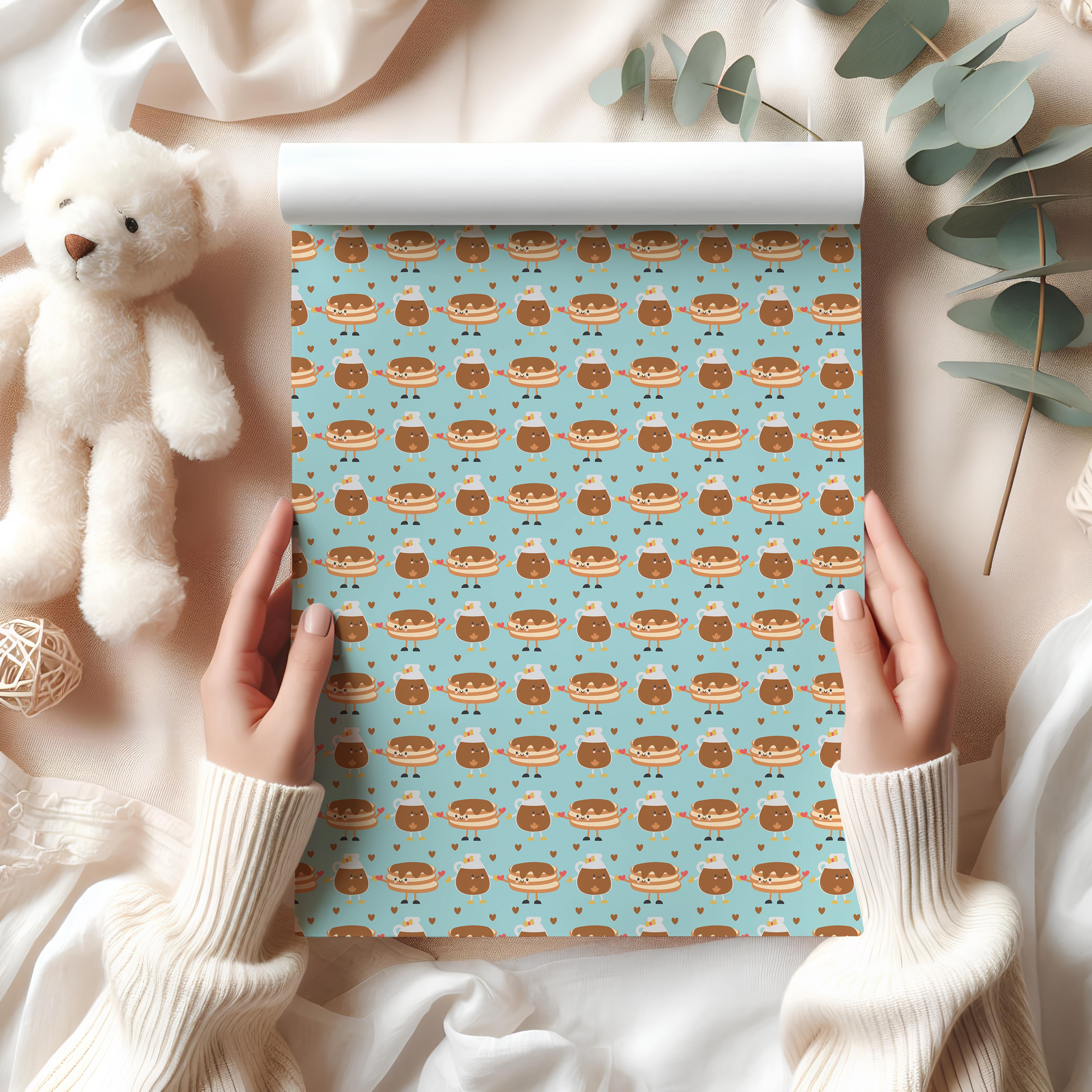Cute Pancake Hot Chocolate Wrapping Paper Sheet – Adorable Breakfast Food Gift Wrap for Birthdays or Food Lovers, Light Blue