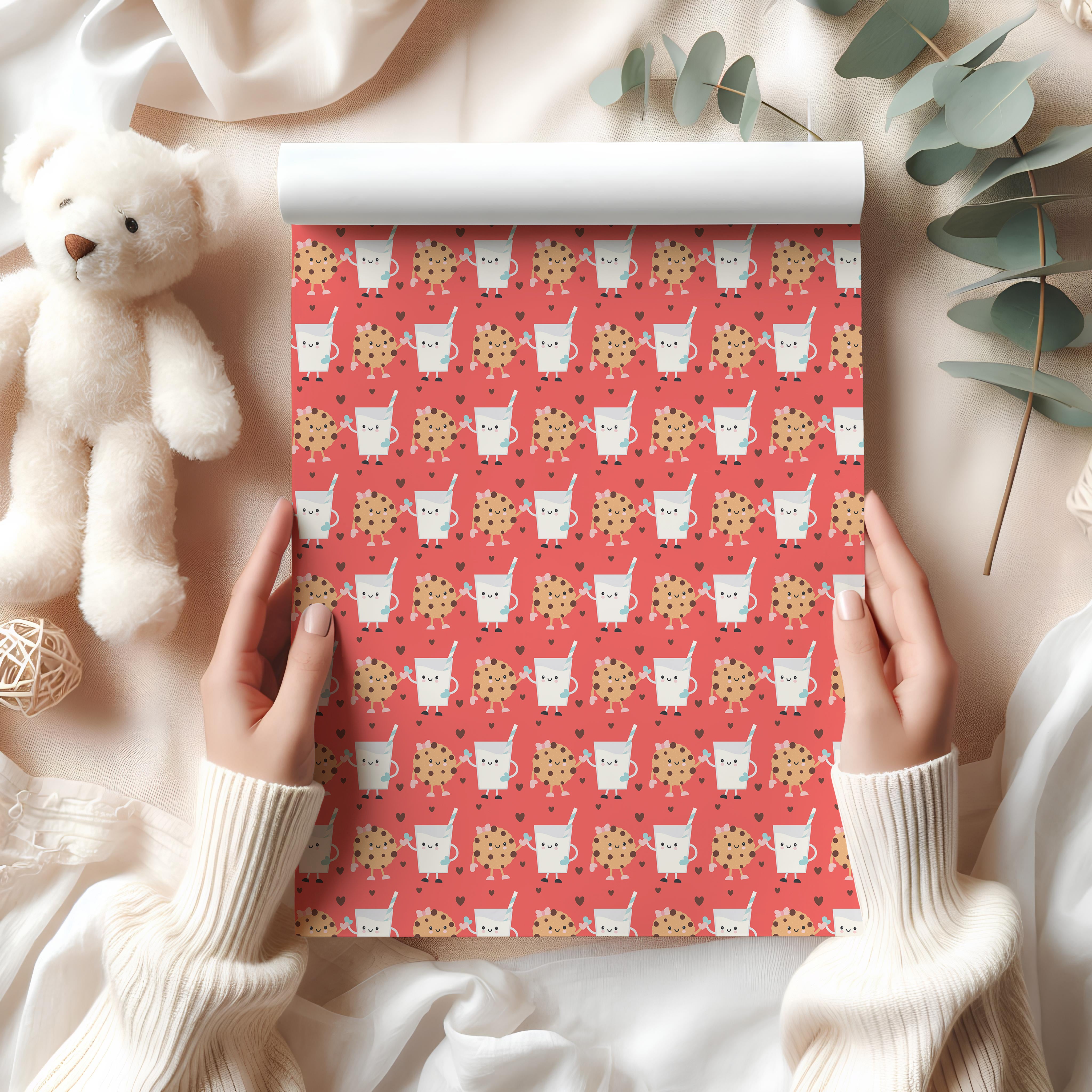 Cute Cookies and Milk Wrapping Paper Sheet – Adorable Food Gift Wrap for Kids' Birthdays or a Treat Lover, Red