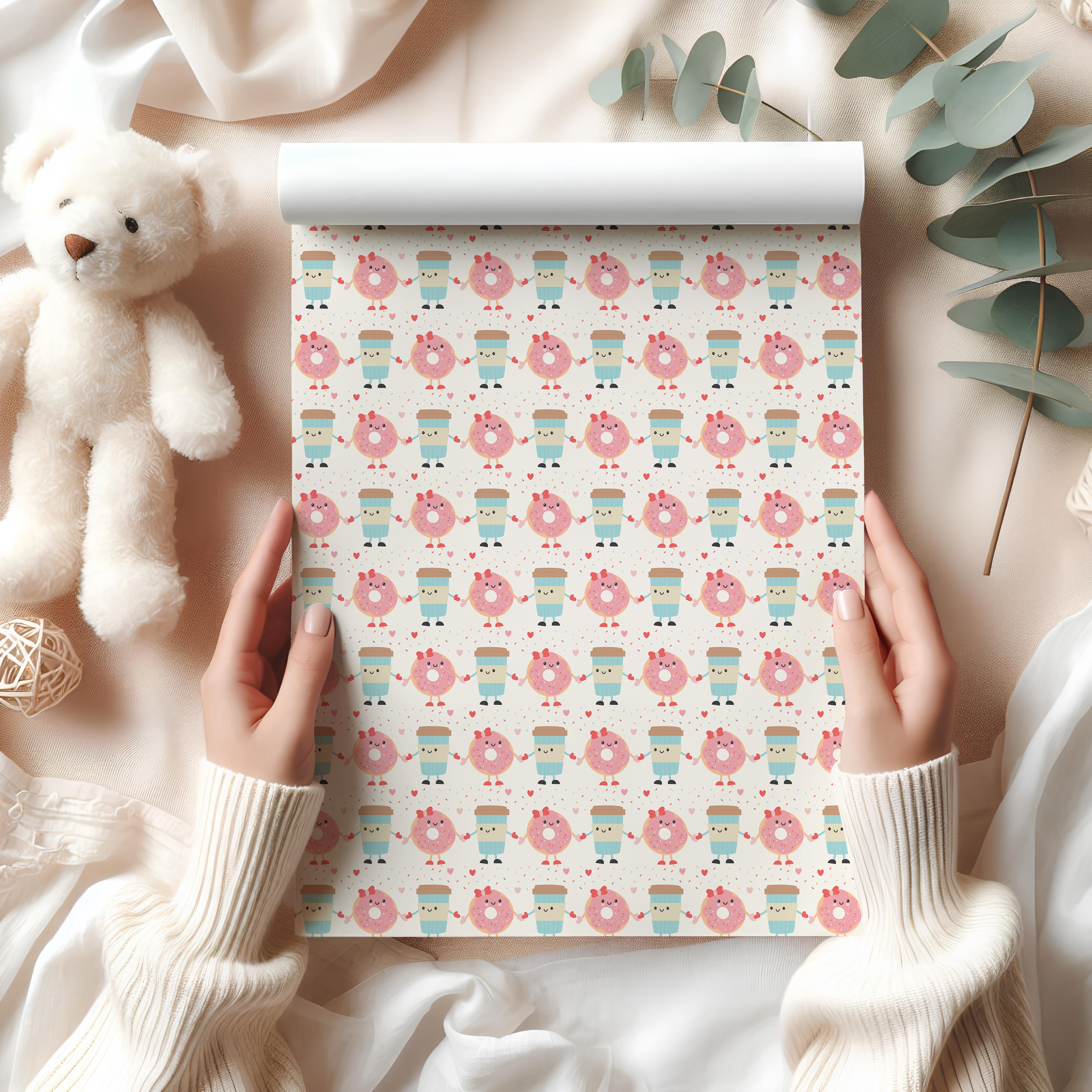 Cute Donut Coffee Wrapping Paper Sheet – Adorable Breakfast Treat Gift Wrap for Food Lovers or Birthdays, White
