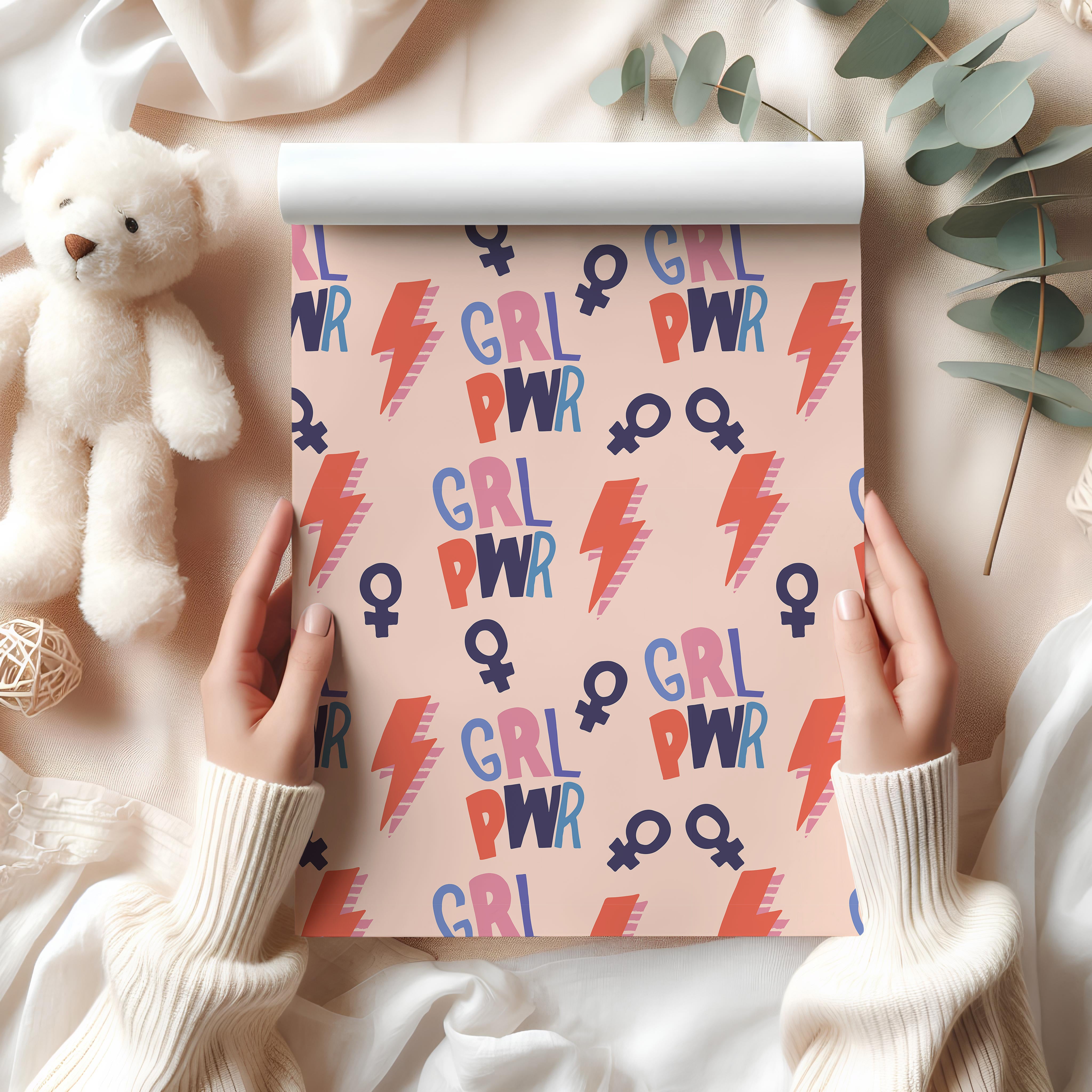 Girl Power Wrapping Paper Sheet – GRL PWR Feminist Gift Wrap for Women's Birthdays or Graduation, Pastel Peach