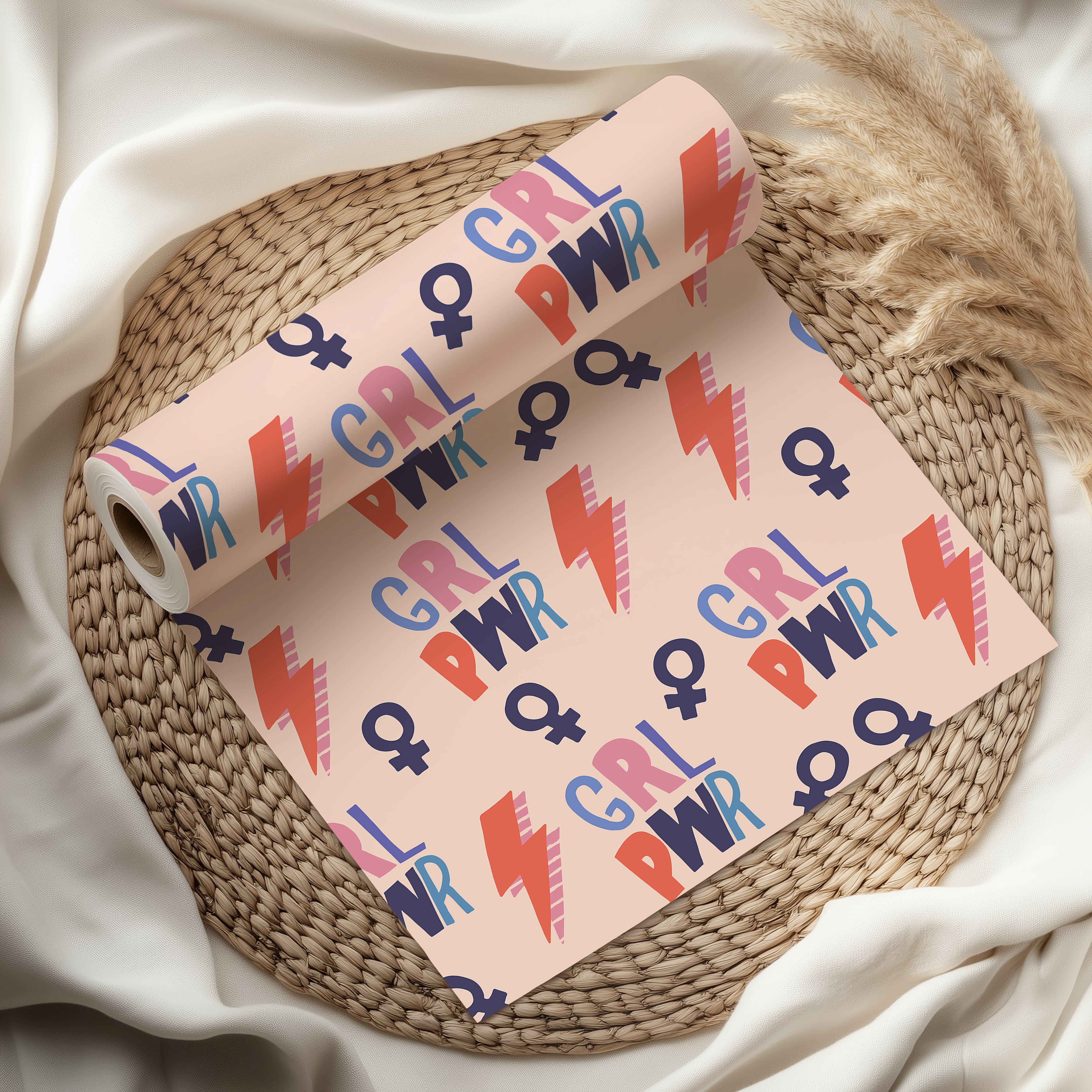 Girl Power Wrapping Paper Sheet – GRL PWR Feminist Gift Wrap for Women's Birthdays or Graduation, Pastel Peach