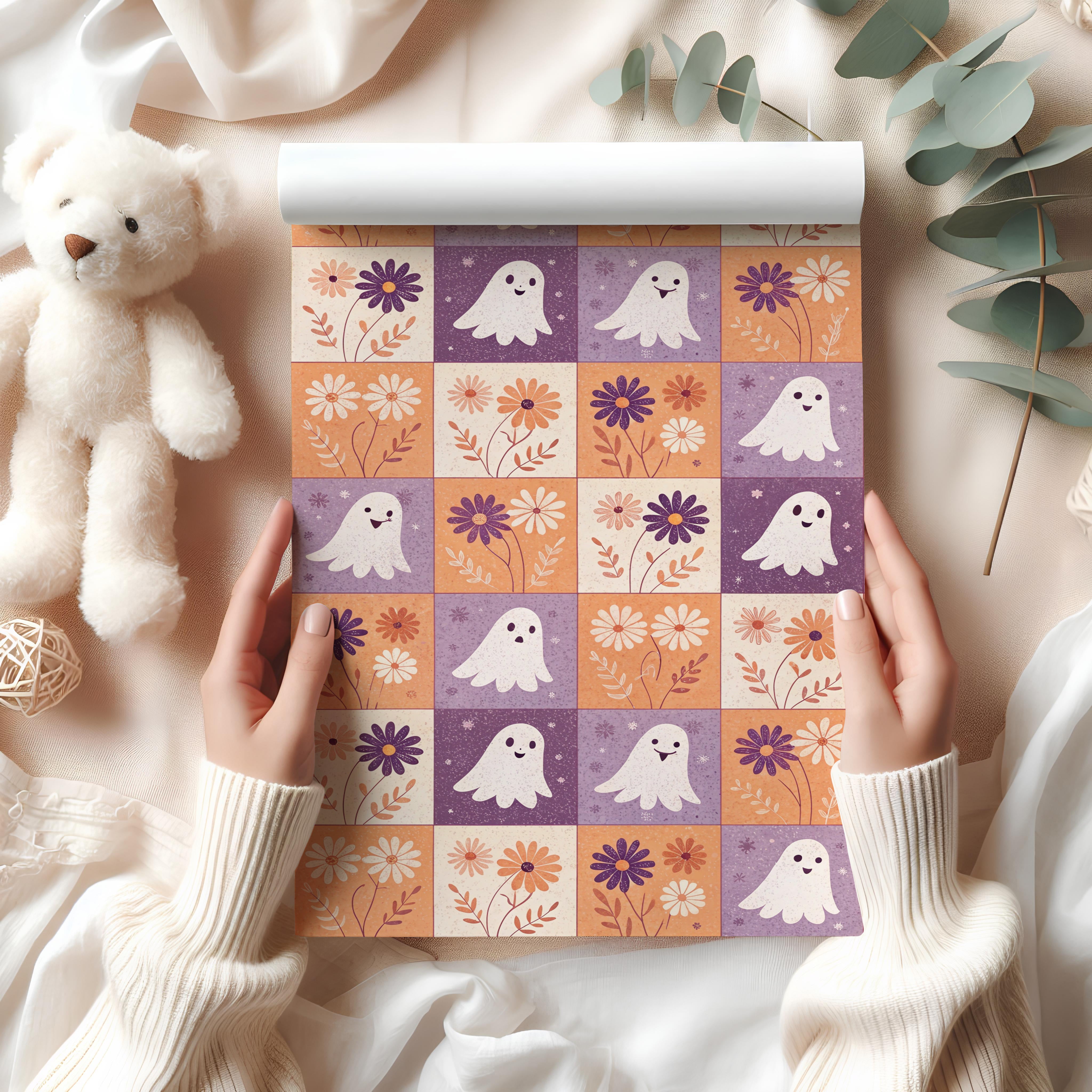 Cute Ghost Floral Wrapping Paper Sheet – Spooky Boho Quilt Block Gift Wrap for Halloween Birthdays, Multicolour