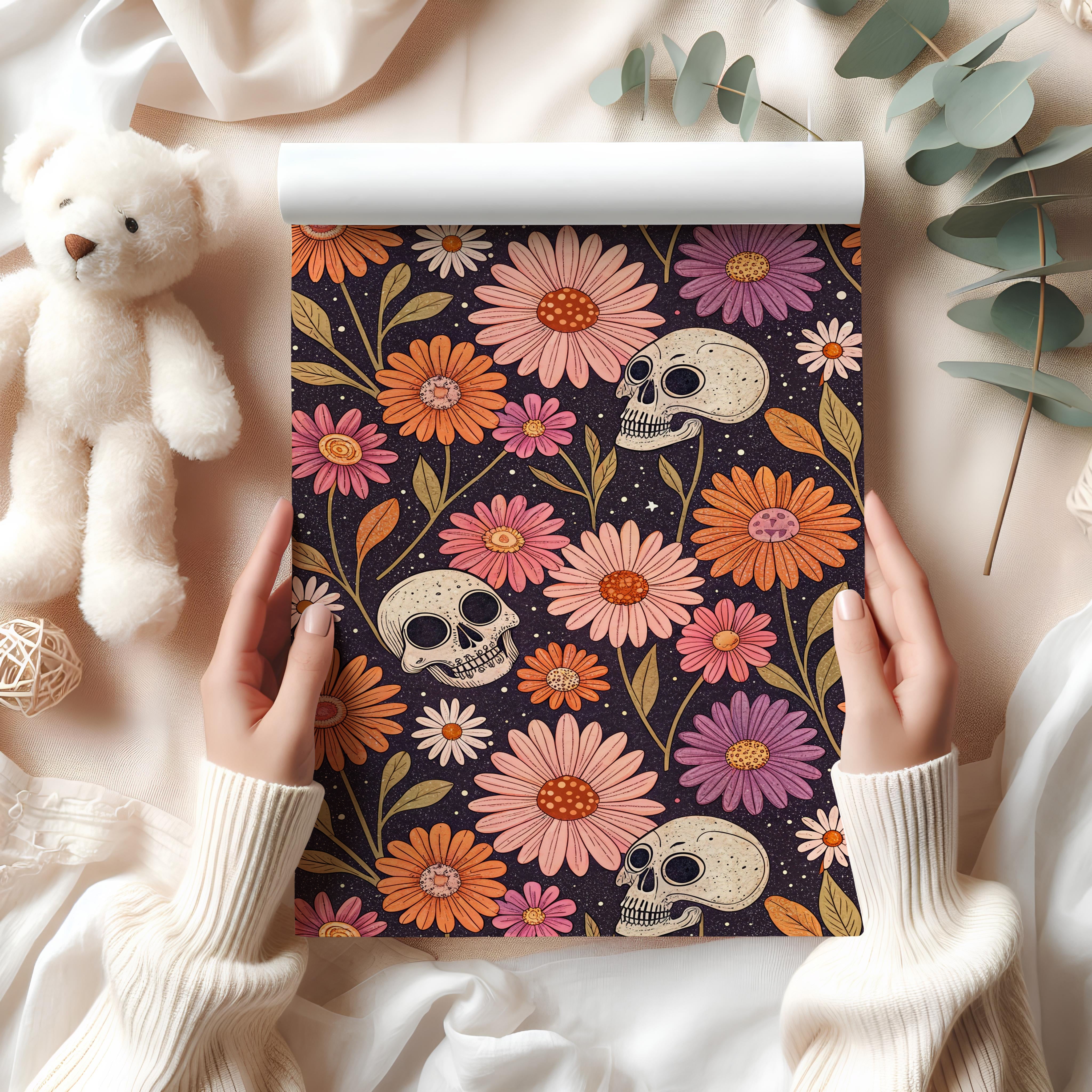 Floral Skull Wrapping Paper Sheet – Gothic Botanical Gift Wrap for Halloween or Day of the Dead, Black