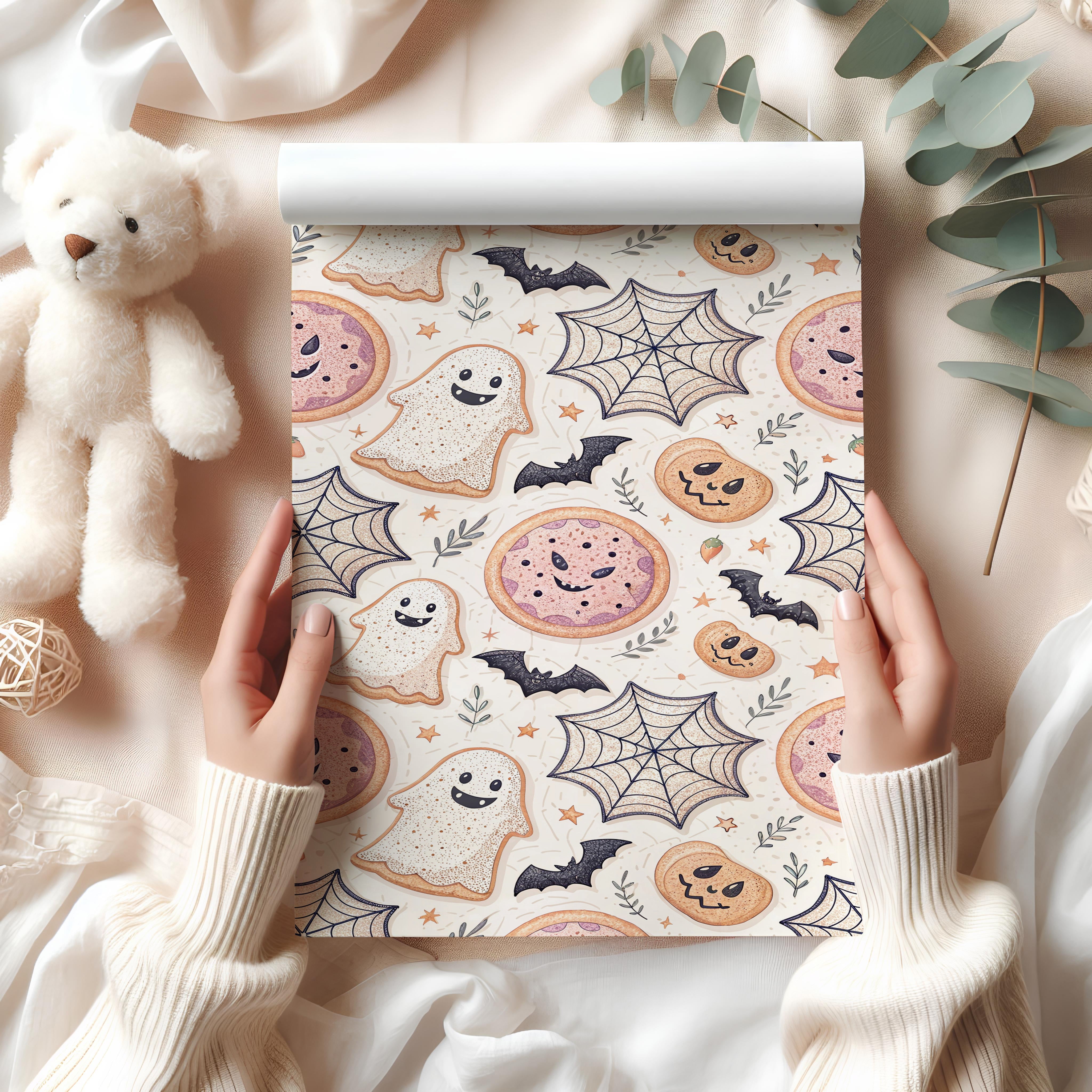 Halloween Cookie Wrapping Paper Sheet – Cute Ghost Spiderweb Gift Wrap for Kids' Parties, Cream
