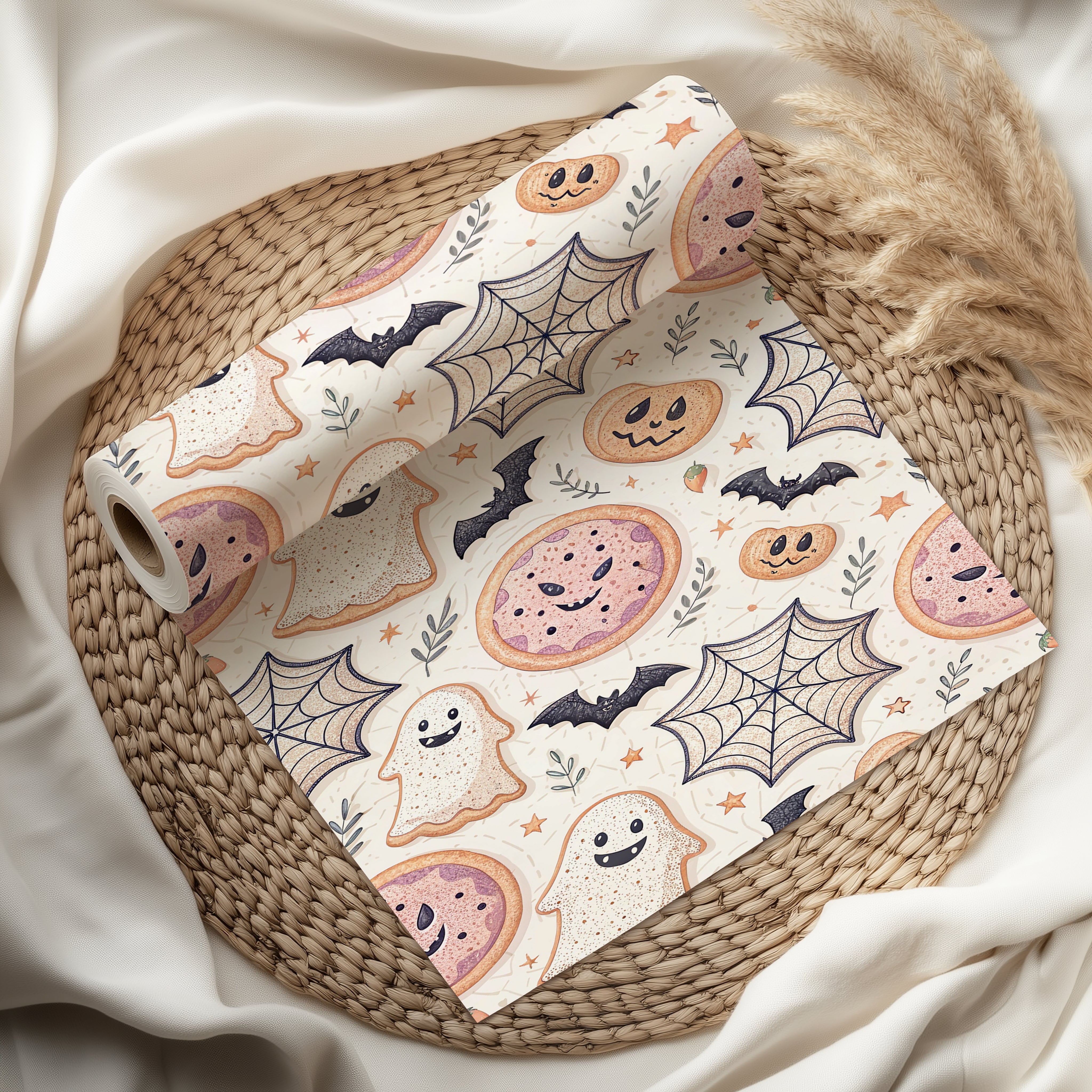 Halloween Cookie Wrapping Paper Sheet – Cute Ghost Spiderweb Gift Wrap for Kids' Parties, Cream