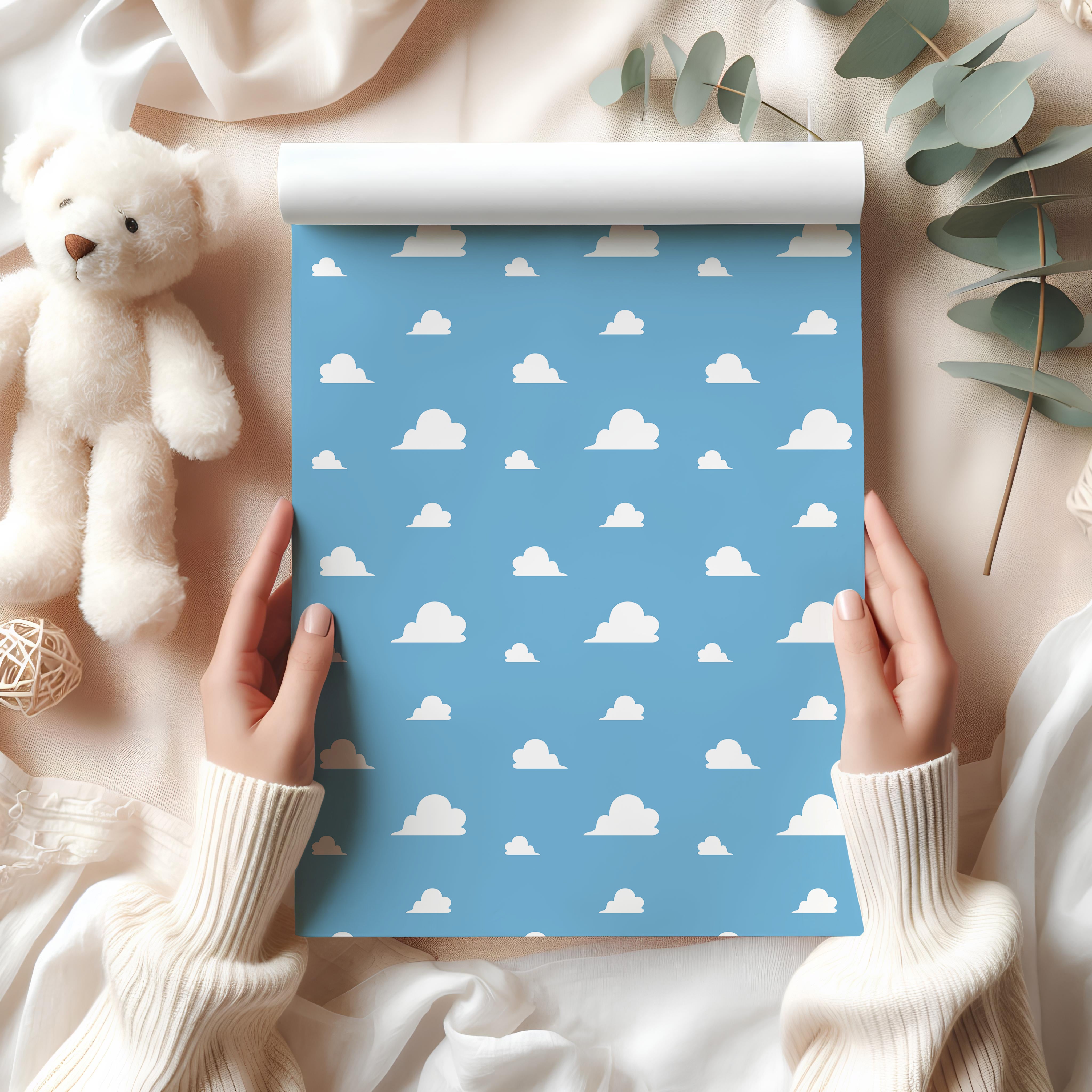 White Cloud Wrapping Paper Sheet – Cute Sky Design Gift Wrap for Baby Showers or Kids' Birthdays, Blue