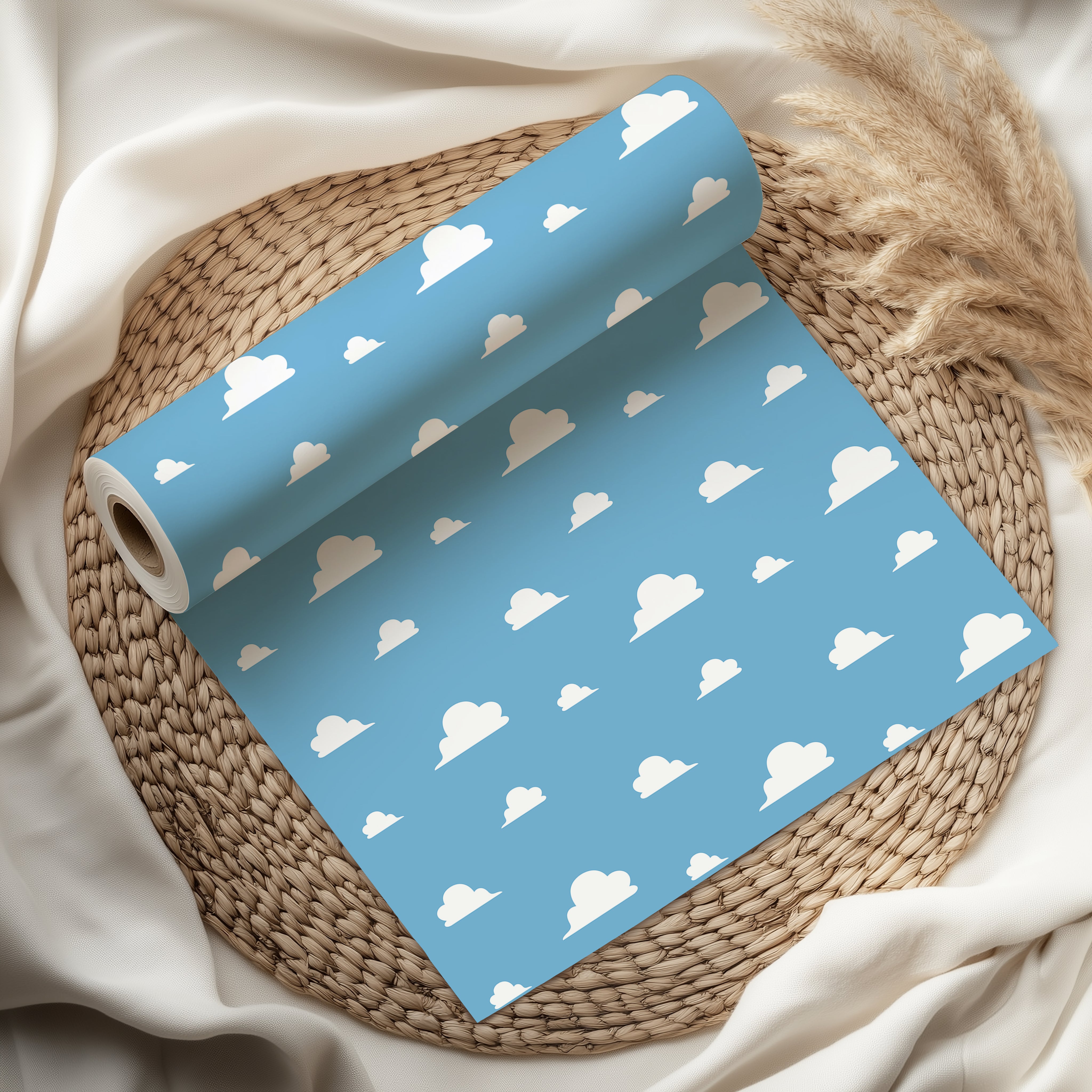 White Cloud Wrapping Paper Sheet – Cute Sky Design Gift Wrap for Baby Showers or Kids' Birthdays, Blue