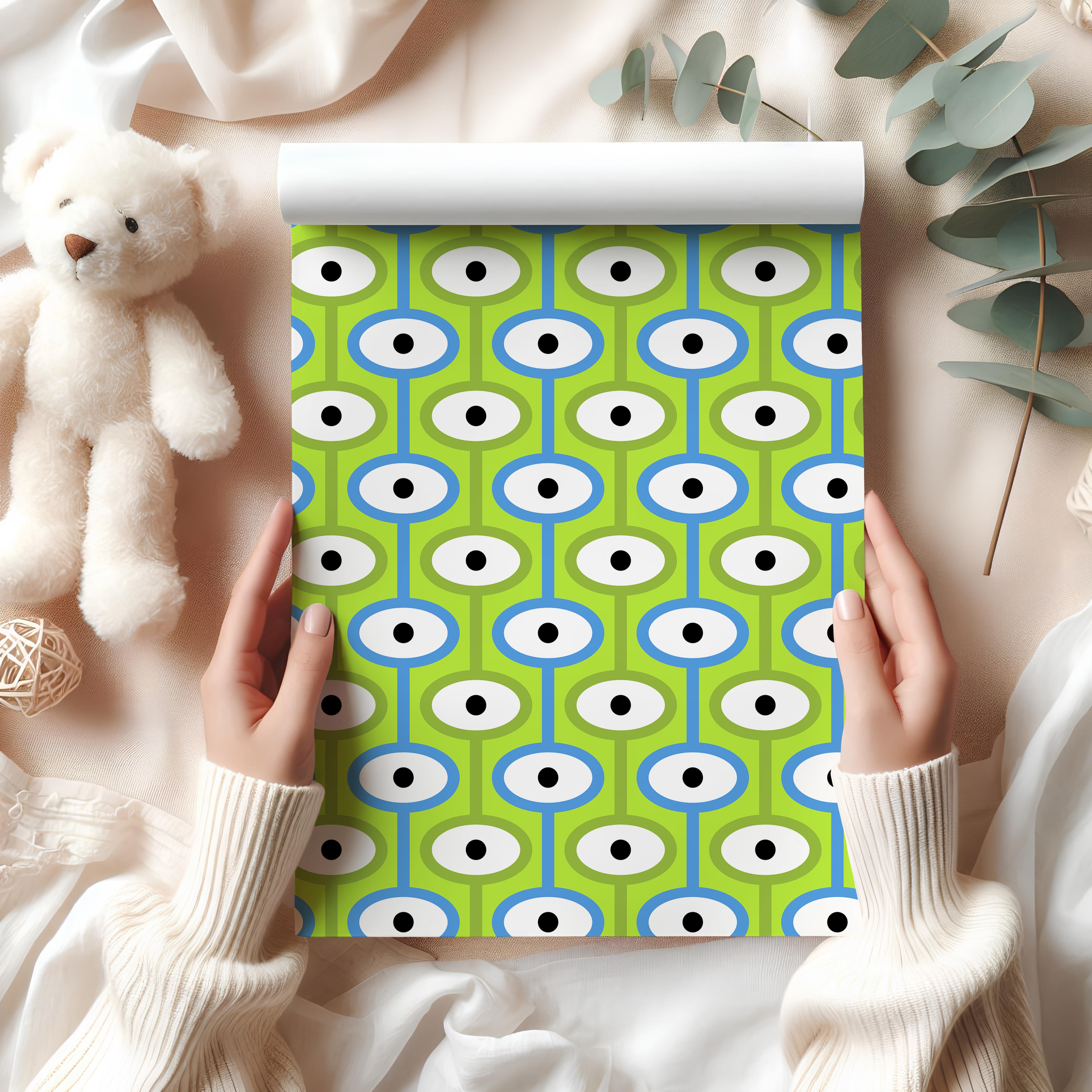 Retro Geometric Wrapping Paper Sheet – Mod Mid-Century Eye Pattern Gift Wrap for Birthdays, Lime Green
