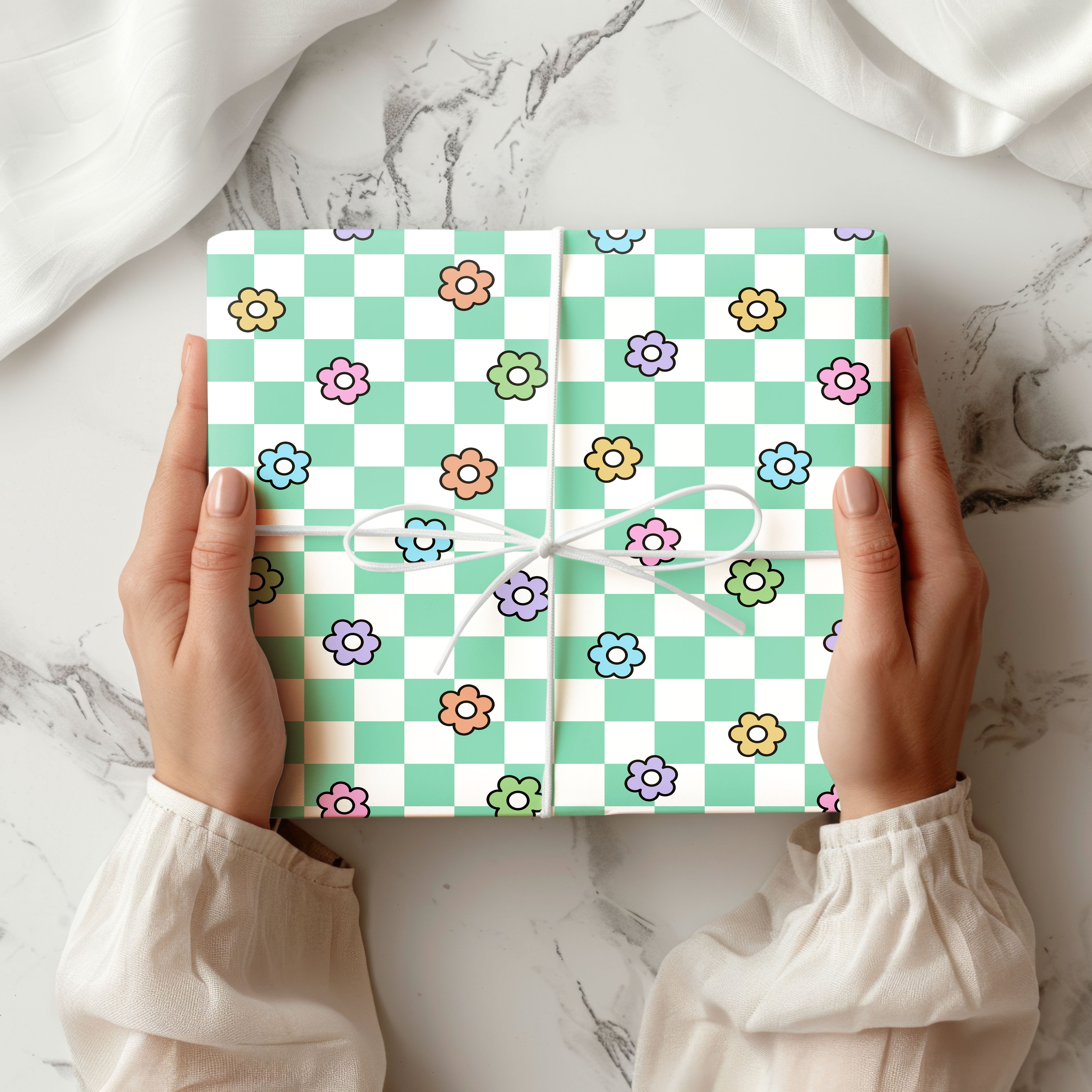 Checkerboard Floral Wrapping Paper Sheets – Pack of 2 50x70cm