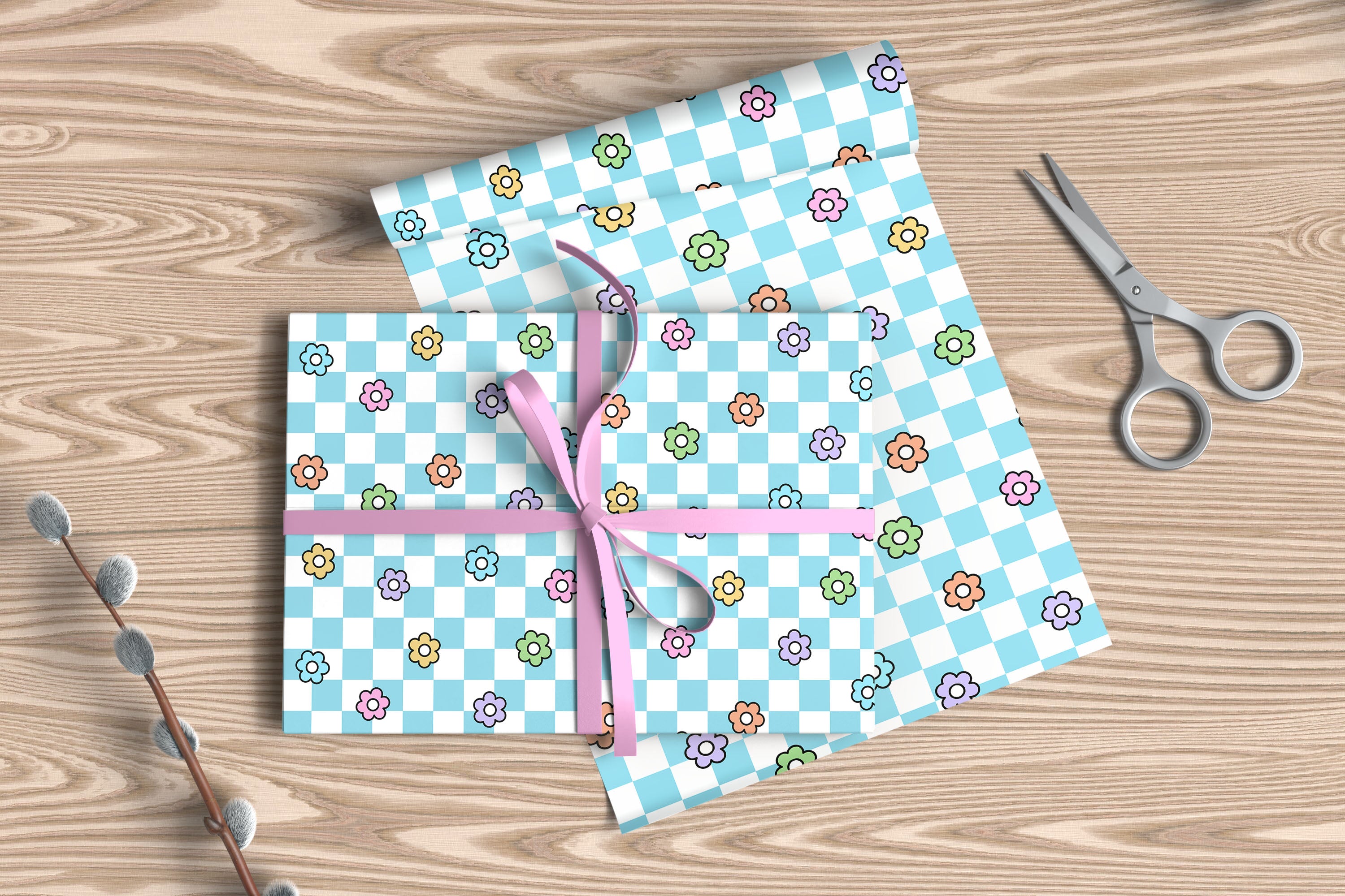 Chequered Flower Pattern Wrapping Paper Custom Printed Gift Wrap Light Blue
