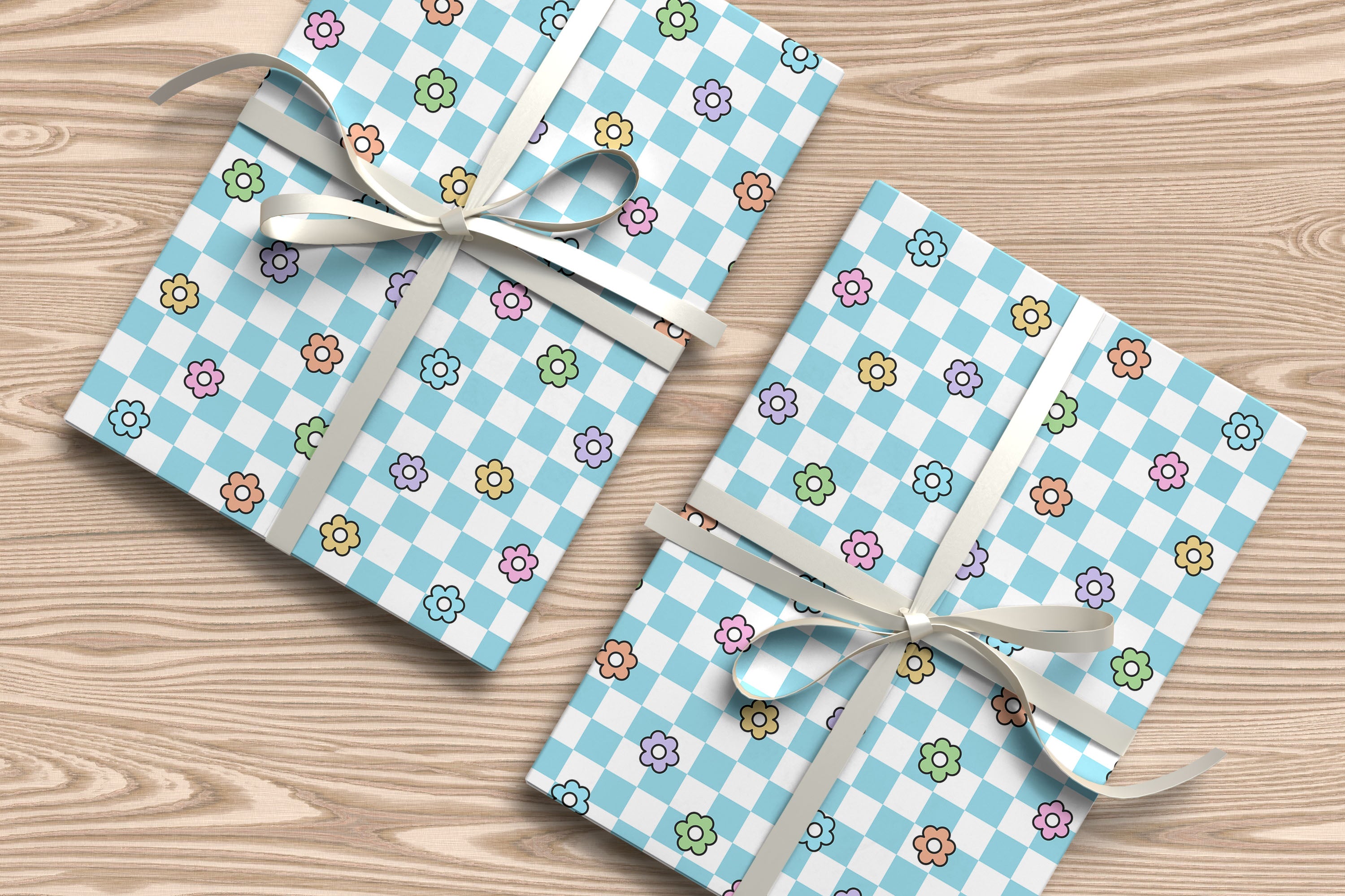 Chequered Flower Pattern Wrapping Paper Custom Printed Gift Wrap Light Blue