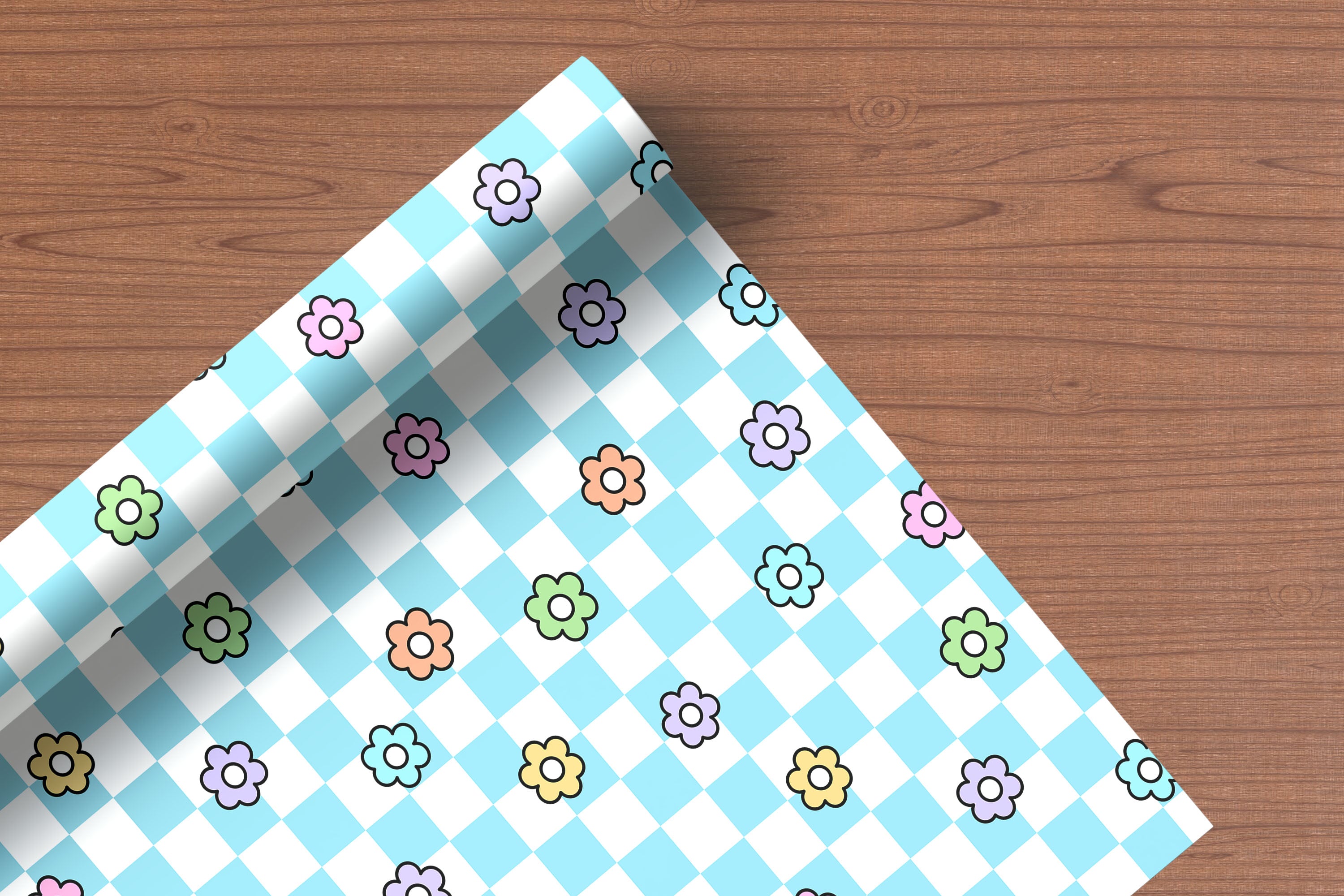 Chequered Flower Pattern Wrapping Paper Custom Printed Gift Wrap Light Blue