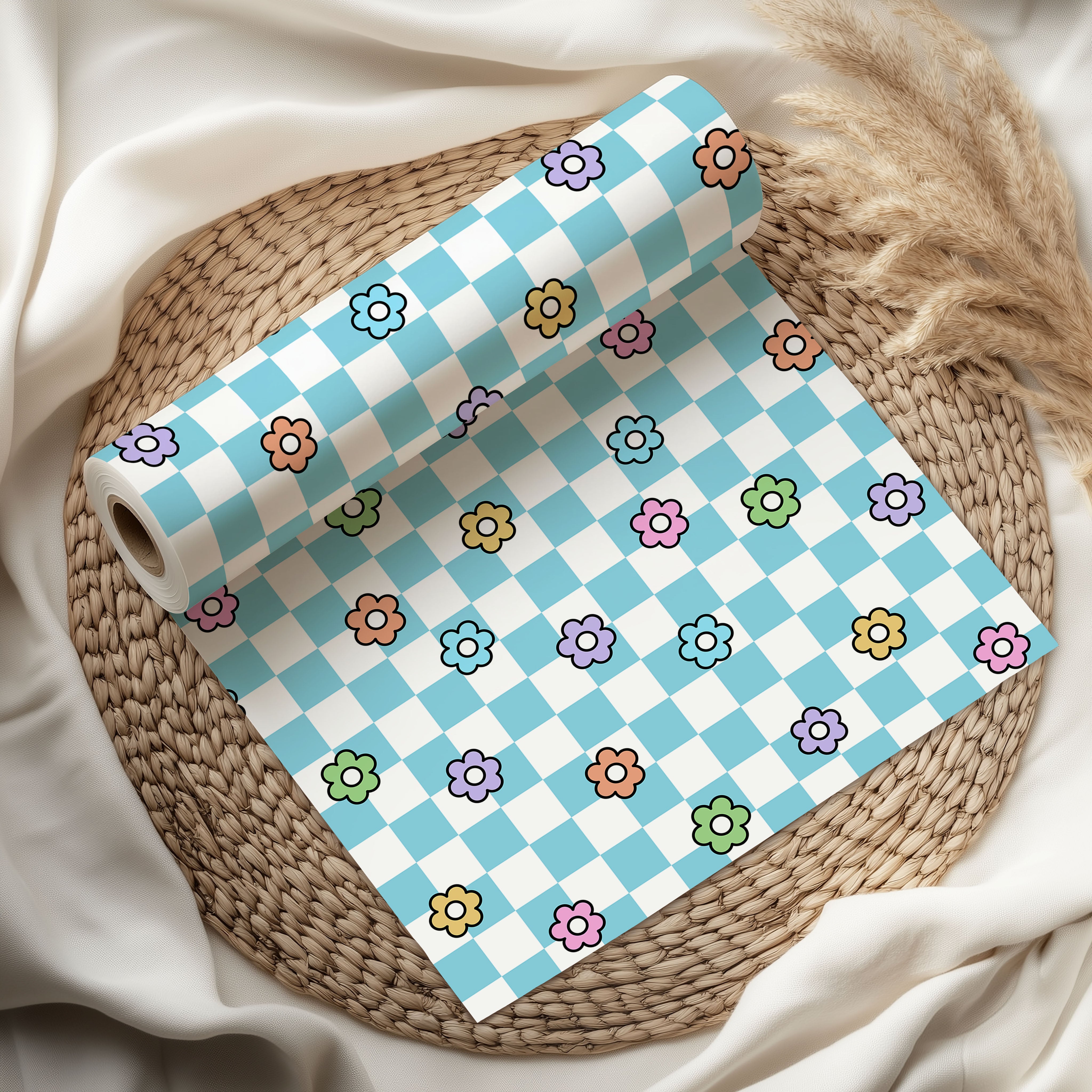 Chequered Flower Pattern Wrapping Paper Custom Printed Gift Wrap Light Blue