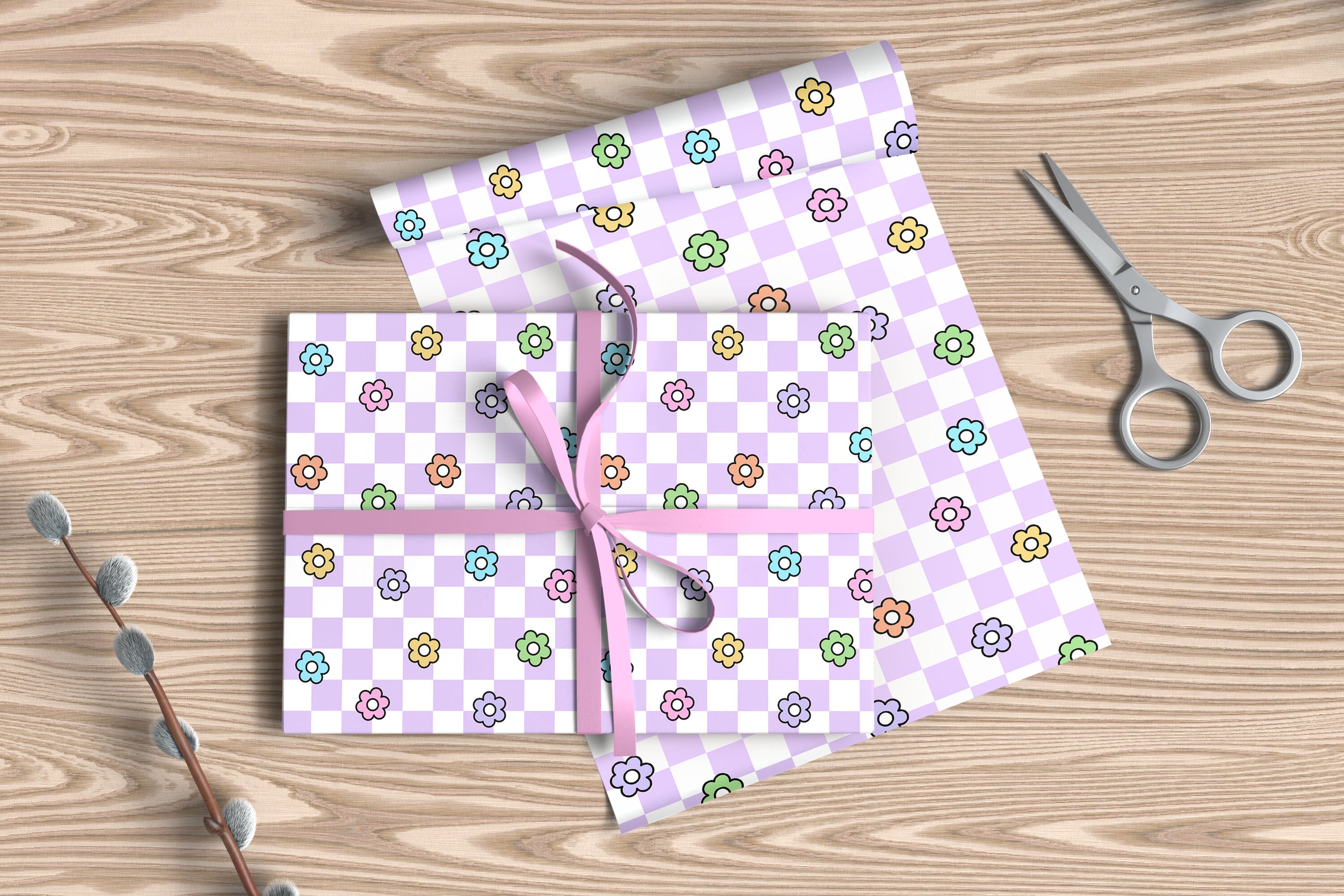 Chequered Flower Pattern Wrapping Paper Custom Printed Gift Wrap Lilac