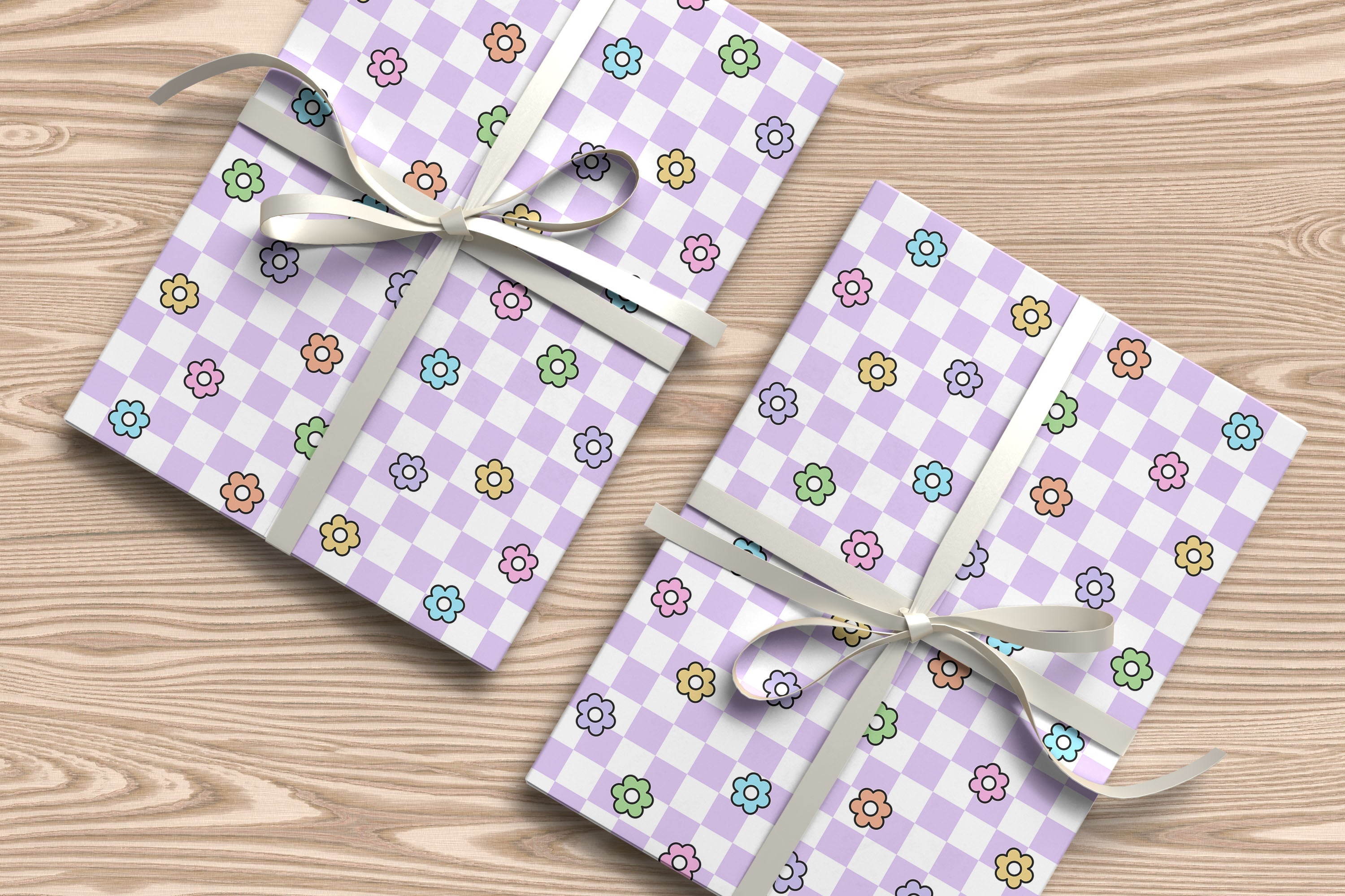 Chequered Flower Pattern Wrapping Paper Custom Printed Gift Wrap Lilac