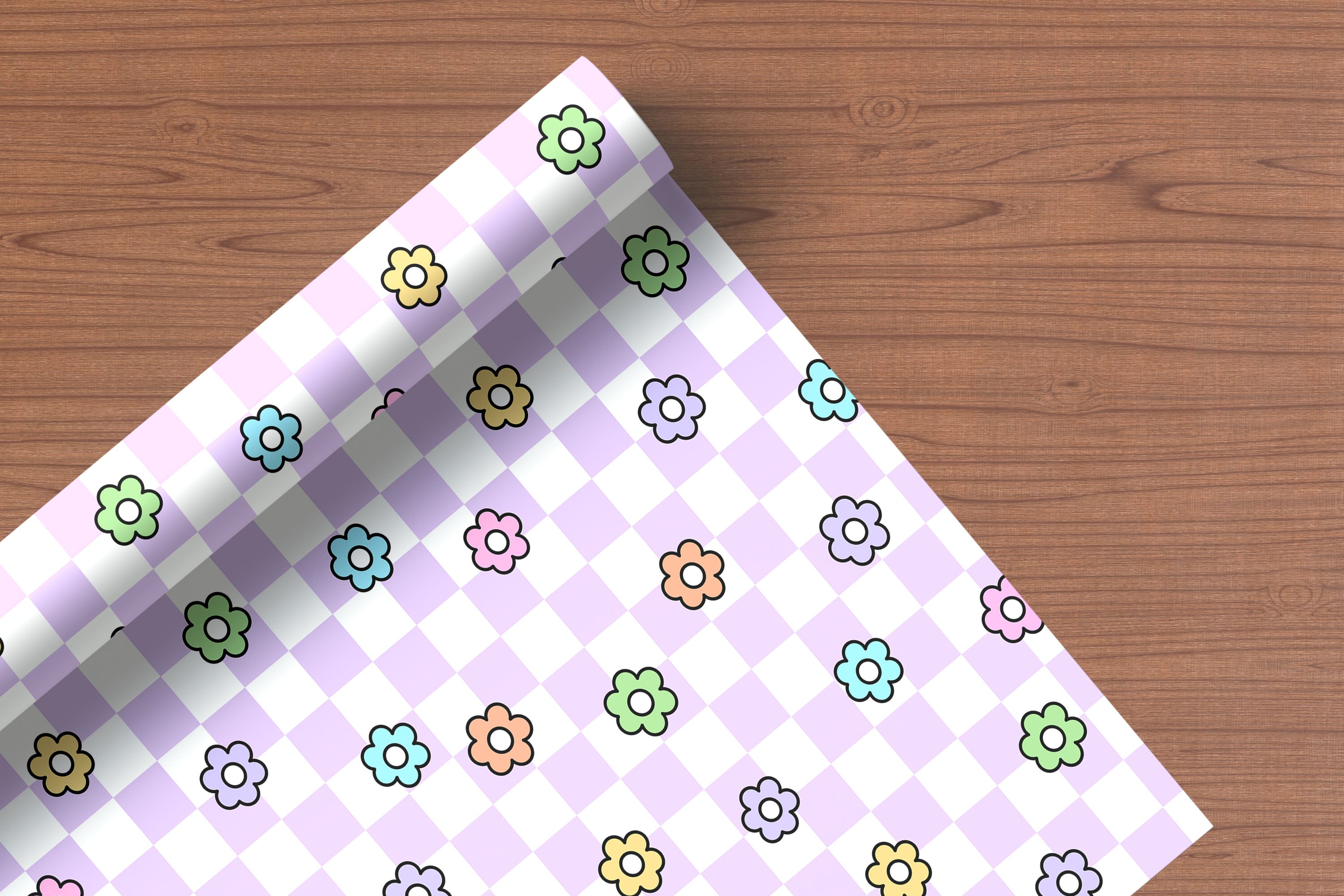Chequered Flower Pattern Wrapping Paper Custom Printed Gift Wrap Lilac