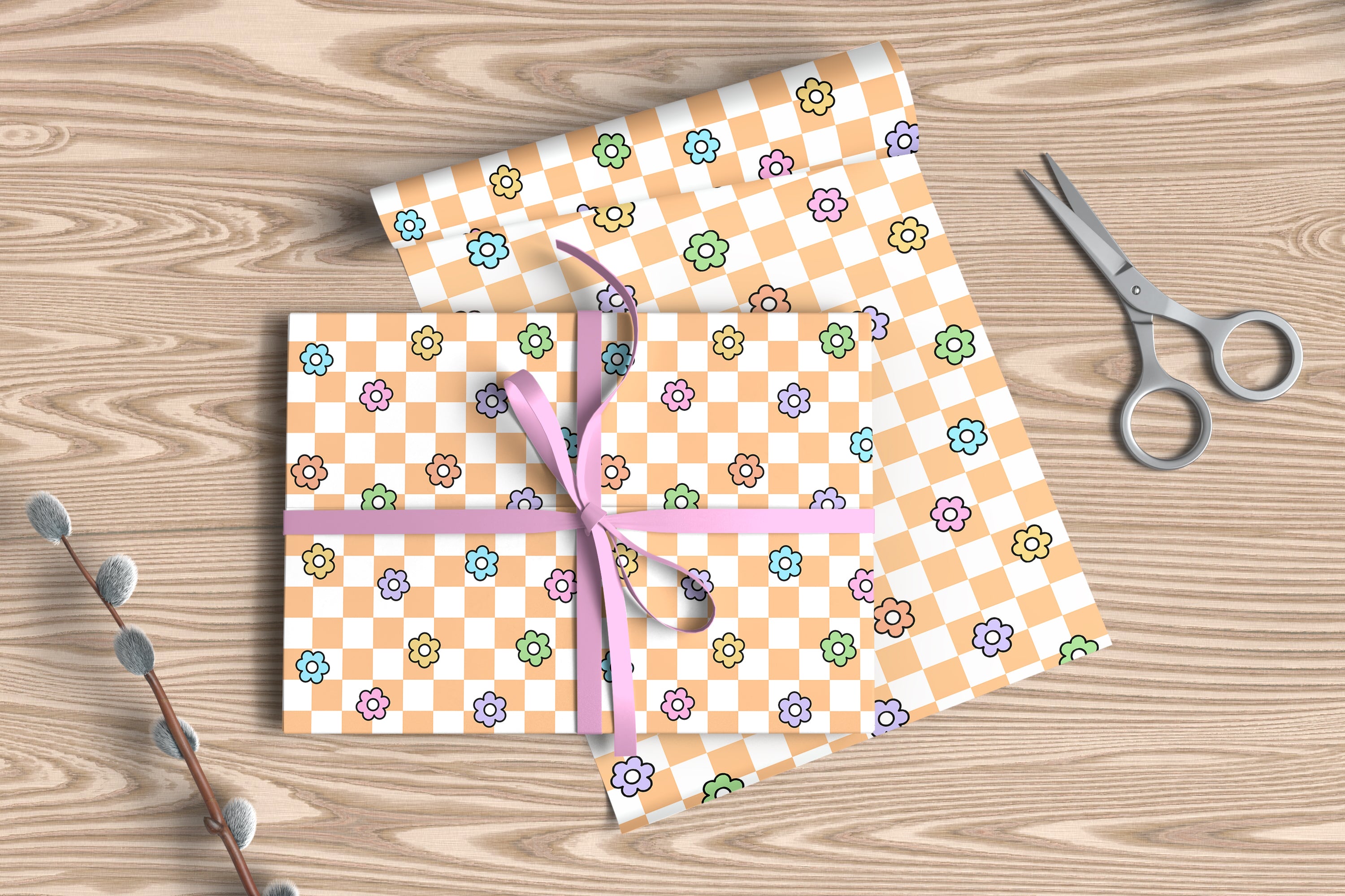 Chequered Flower Pattern Wrapping Paper Custom Printed Gift Wrap Orange
