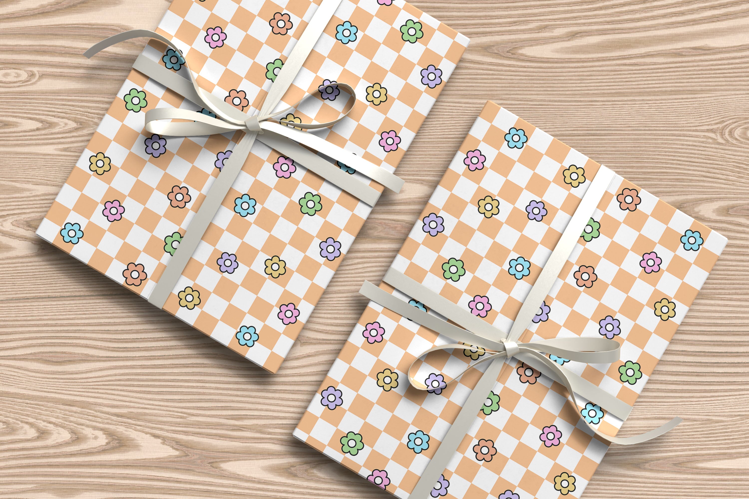 Chequered Flower Pattern Wrapping Paper Custom Printed Gift Wrap Orange