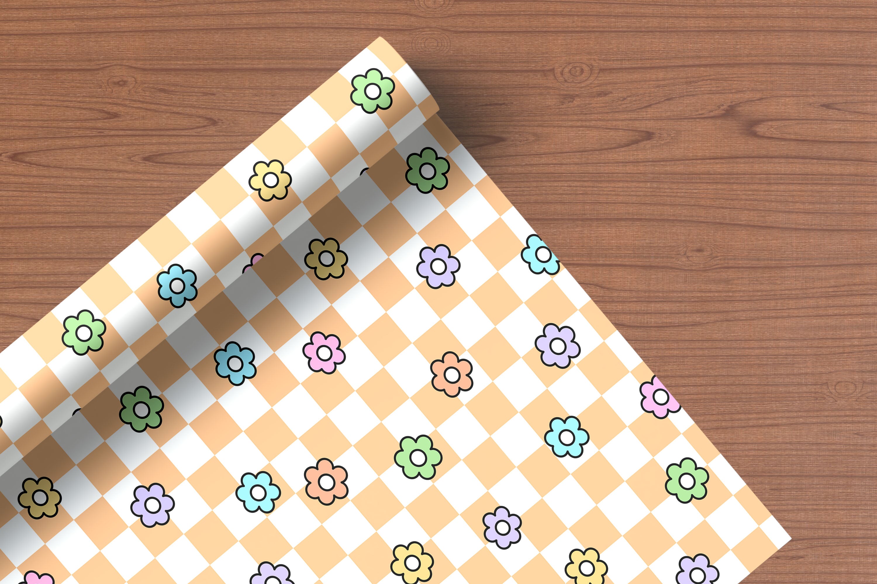 Chequered Flower Pattern Wrapping Paper Custom Printed Gift Wrap Orange