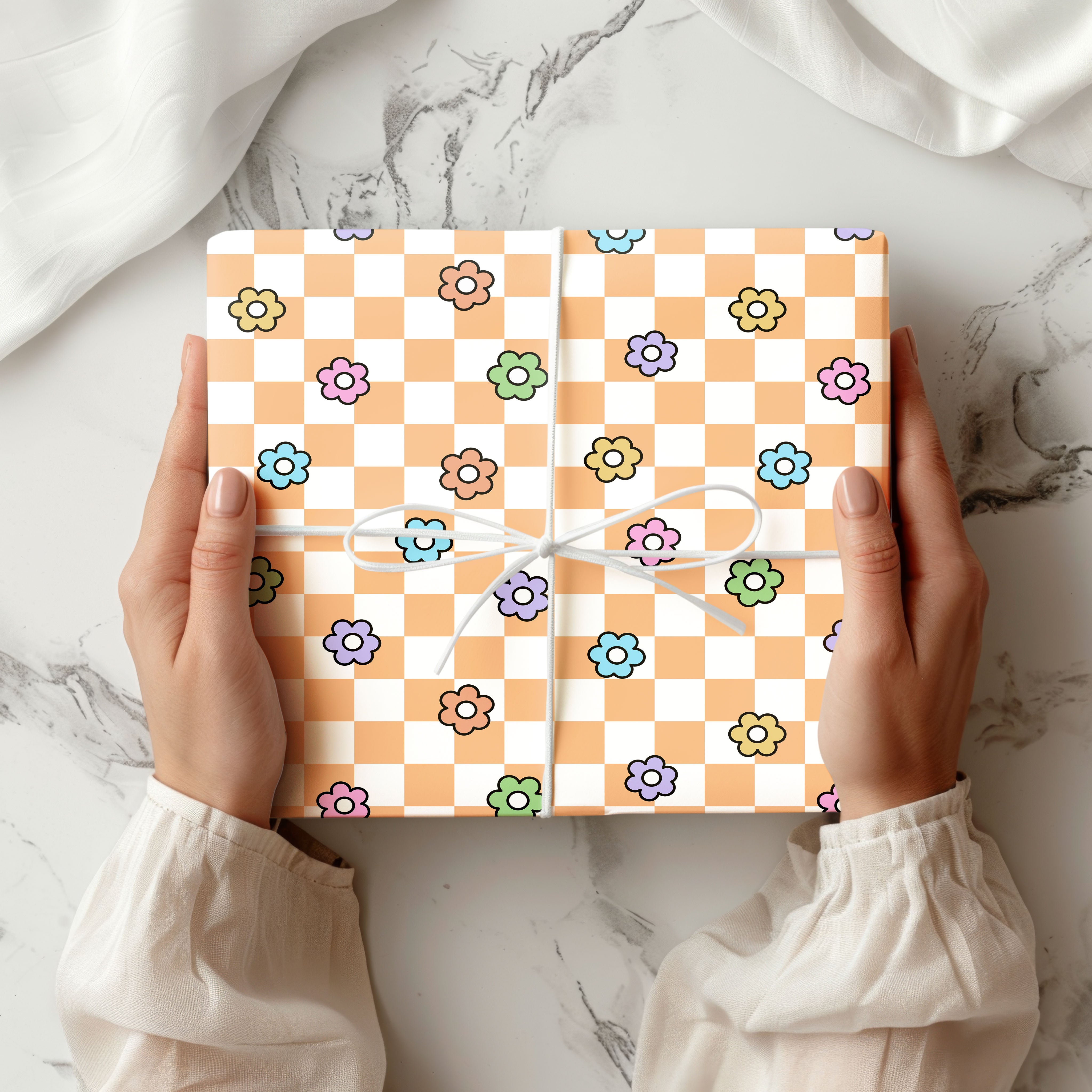 Chequered Flower Pattern Wrapping Paper Custom Printed Gift Wrap Orange
