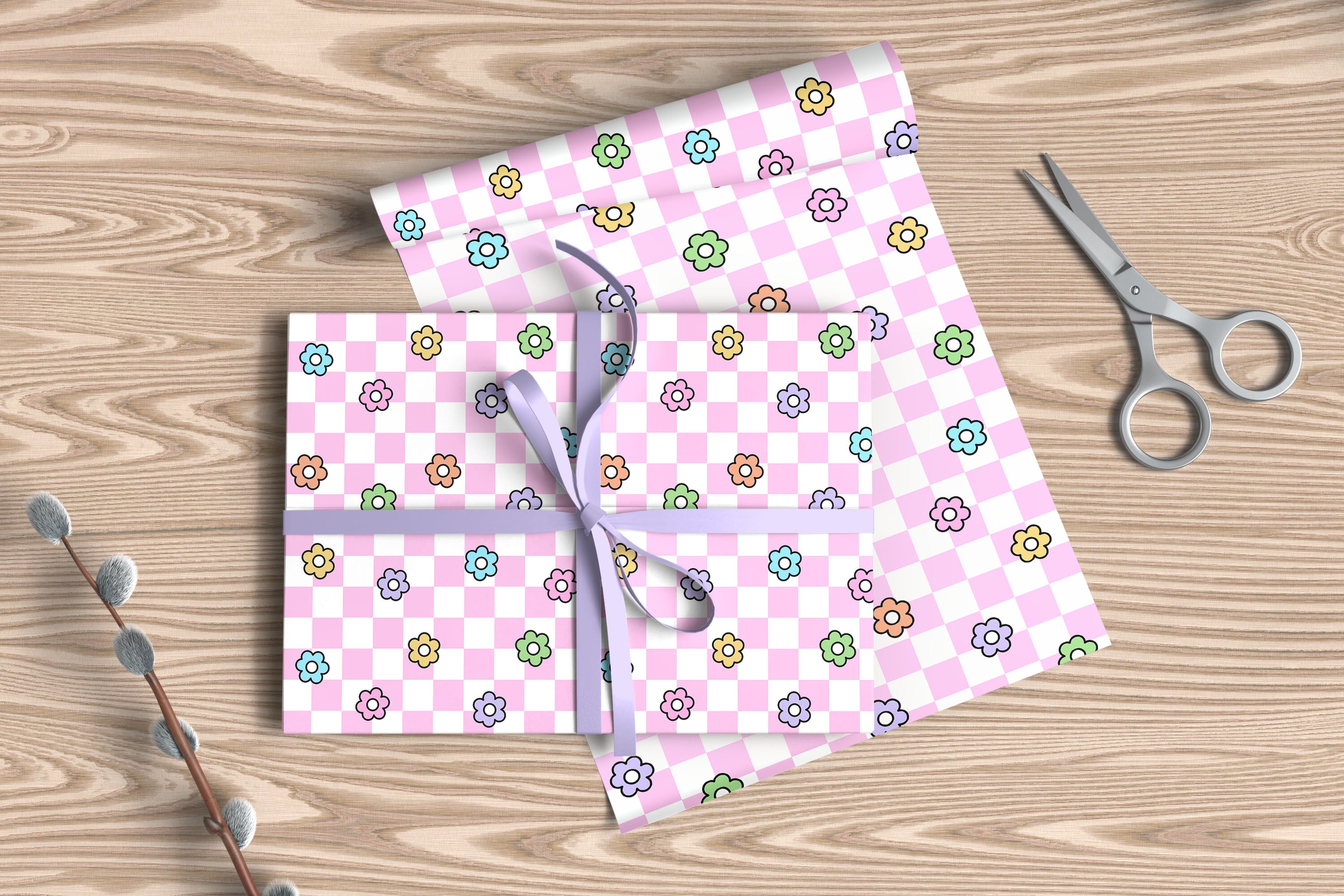 Checkerboard Floral Wrapping Paper Sheets – Pack of 2 50x70cm