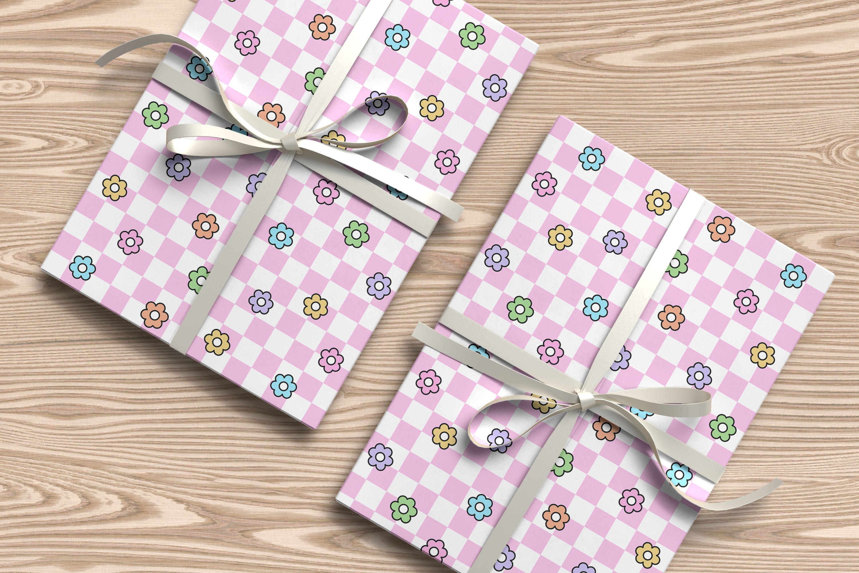 Chequered Flower Pattern Wrapping Paper Custom Printed Gift Wrap Pink
