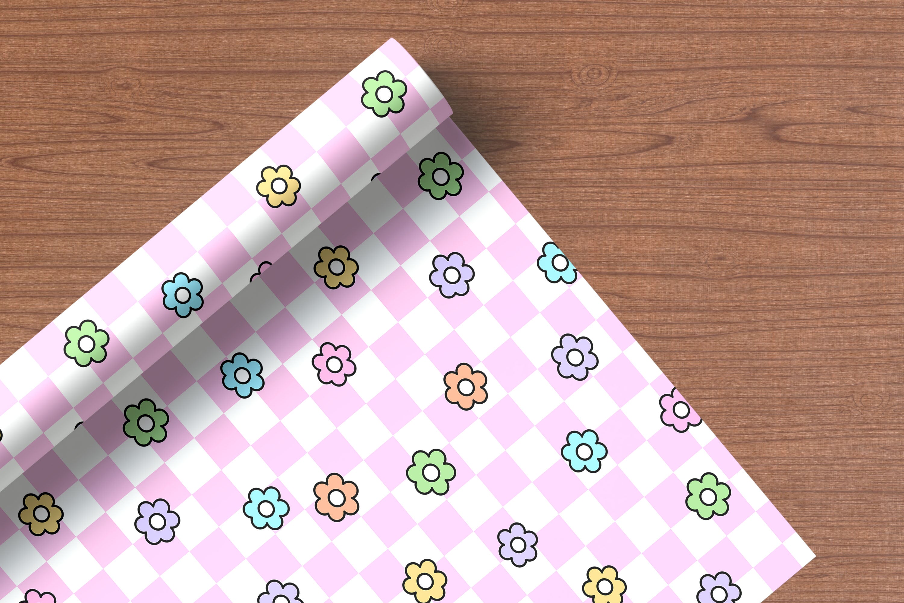 Chequered Flower Pattern Wrapping Paper Custom Printed Gift Wrap Pink