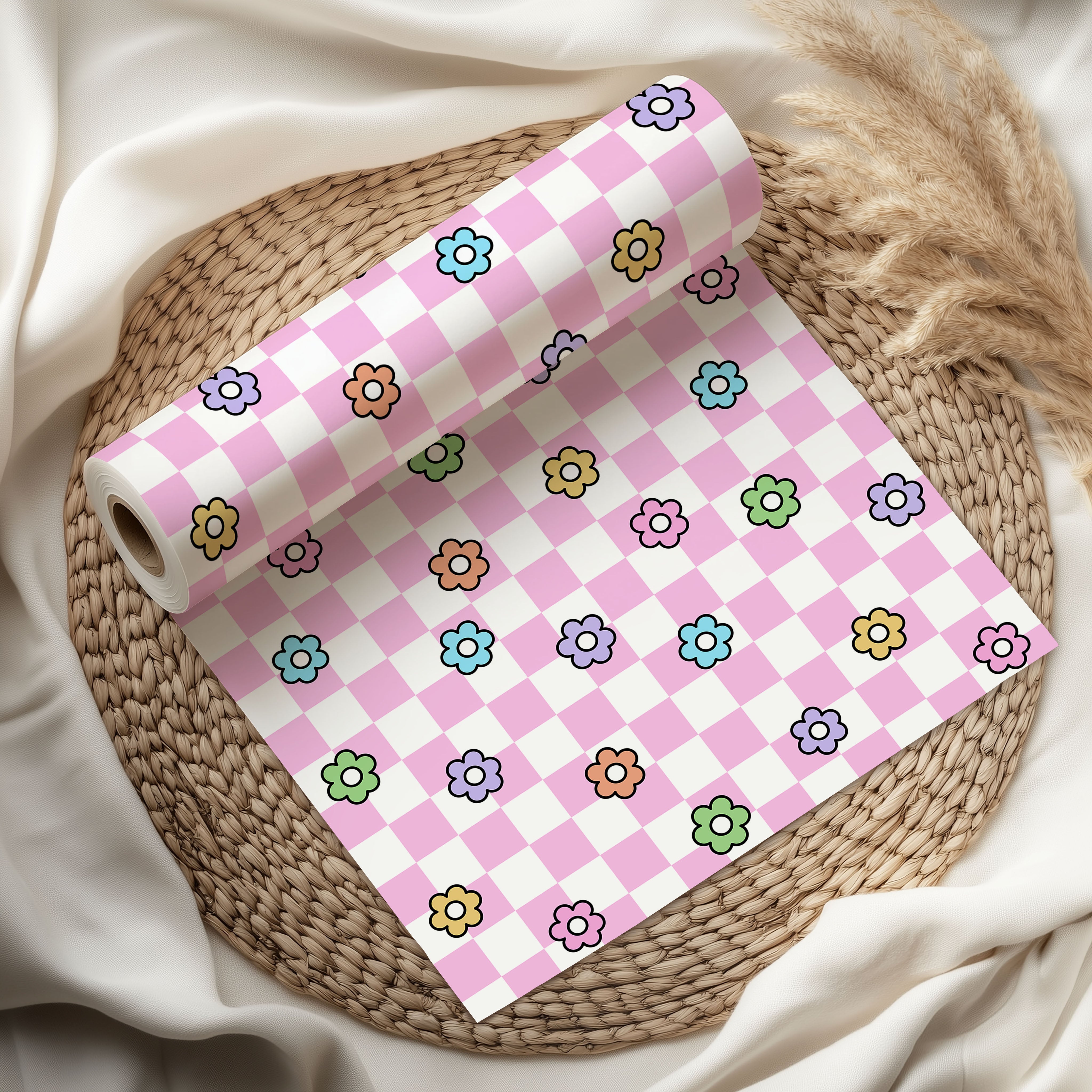 Checkerboard Floral Wrapping Paper Sheets – Pack of 2 50x70cm