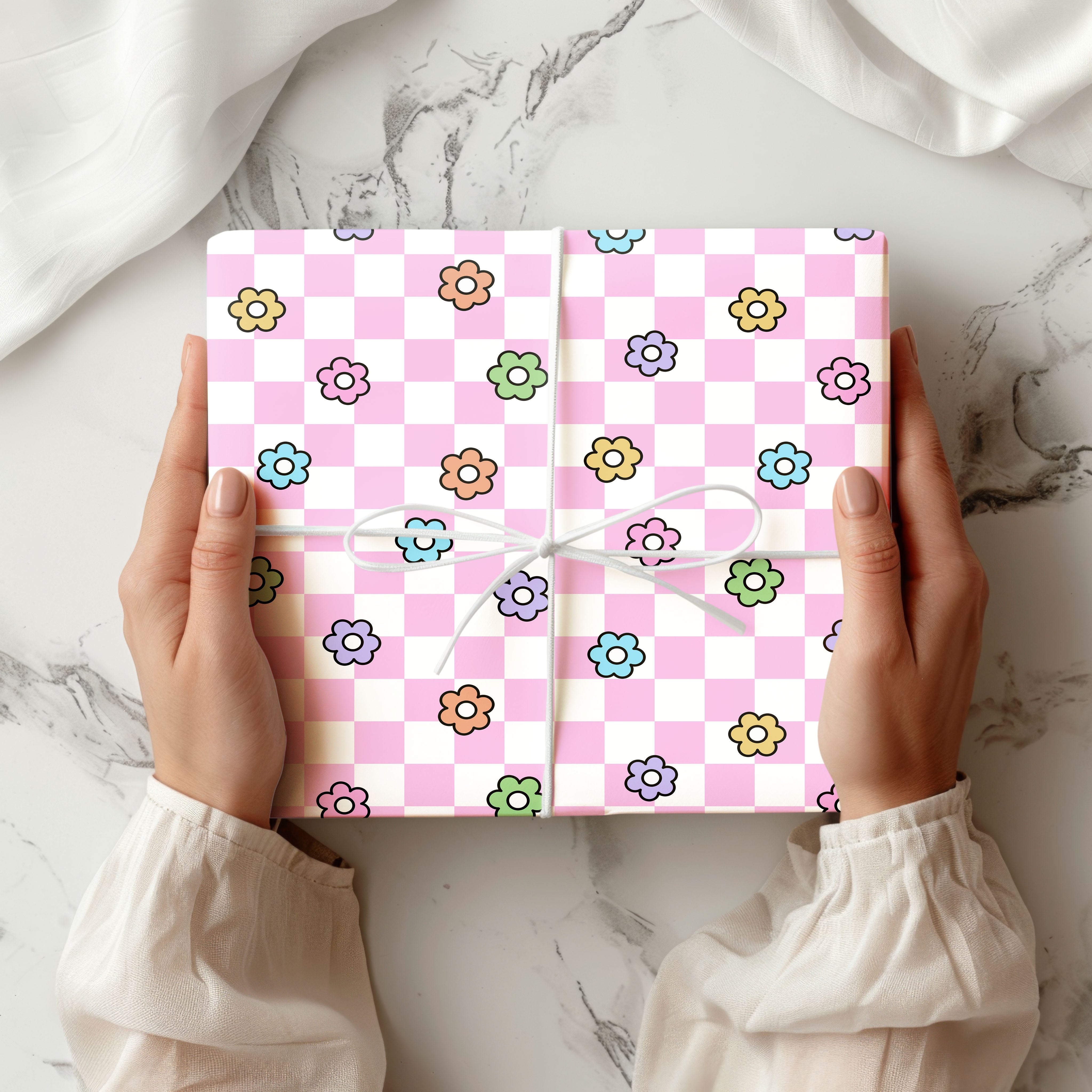 Checkerboard Floral Wrapping Paper Sheets – Pack of 2 50x70cm