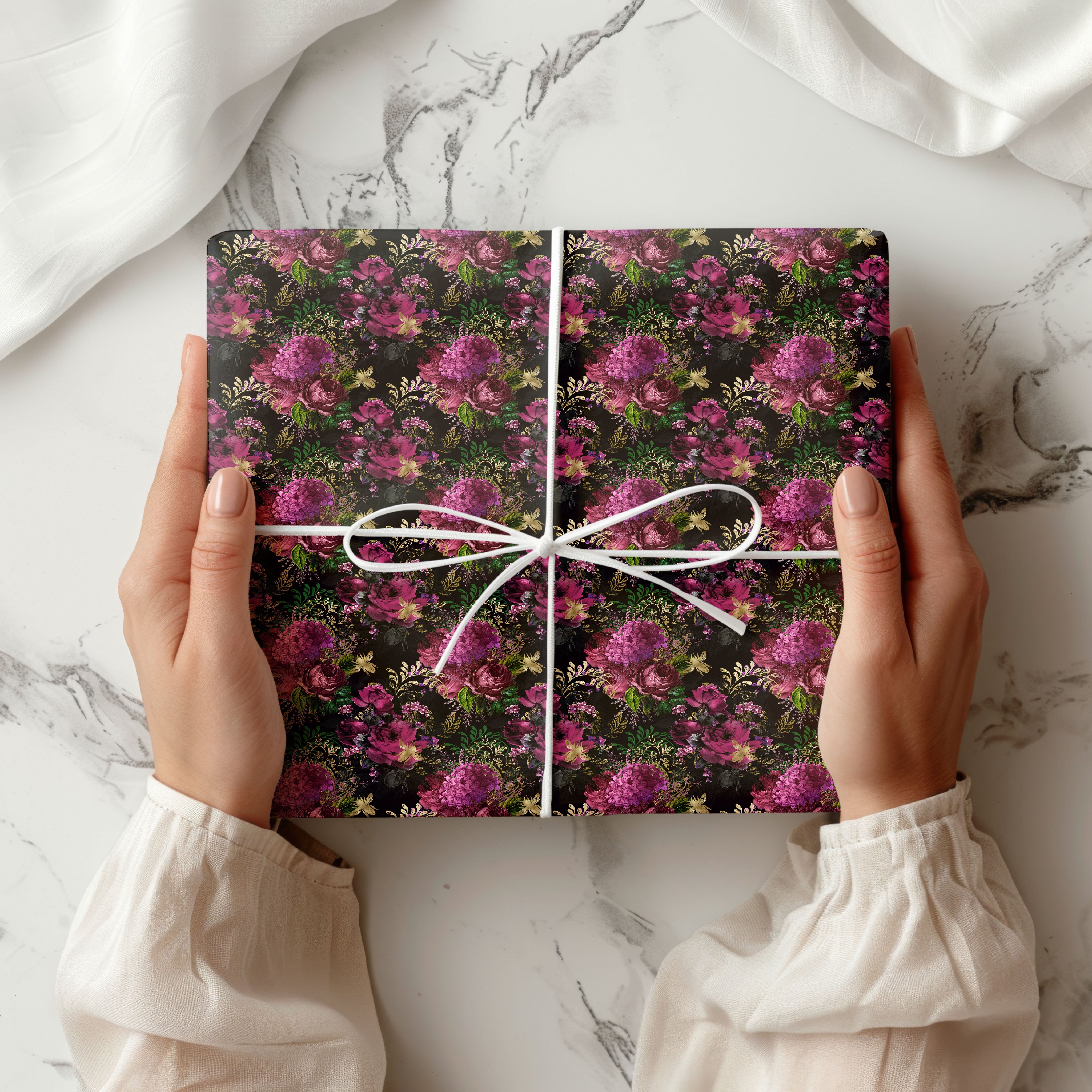Dark Floral Wrapping Paper – Moody Botanical Gift Wrap Sheet with Purple Blooms