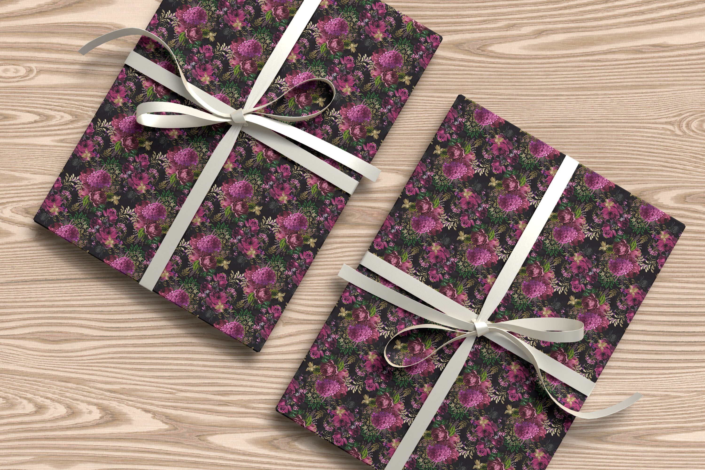 Dark Floral Wrapping Paper – Moody Botanical Gift Wrap Sheet with Purple Blooms