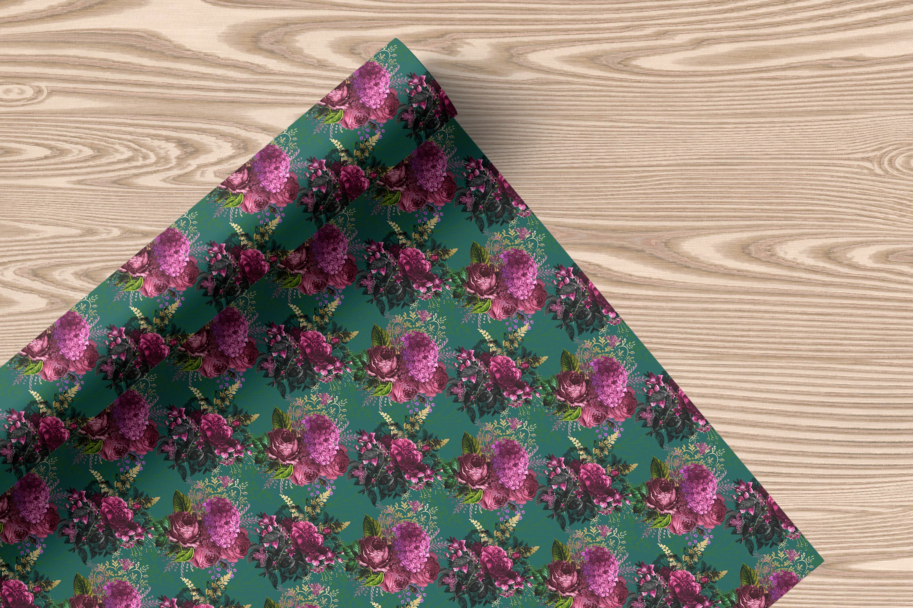 Green Floral Wrapping Paper – Elegant Botanical Gift Wrap with Deep Pink Blooms