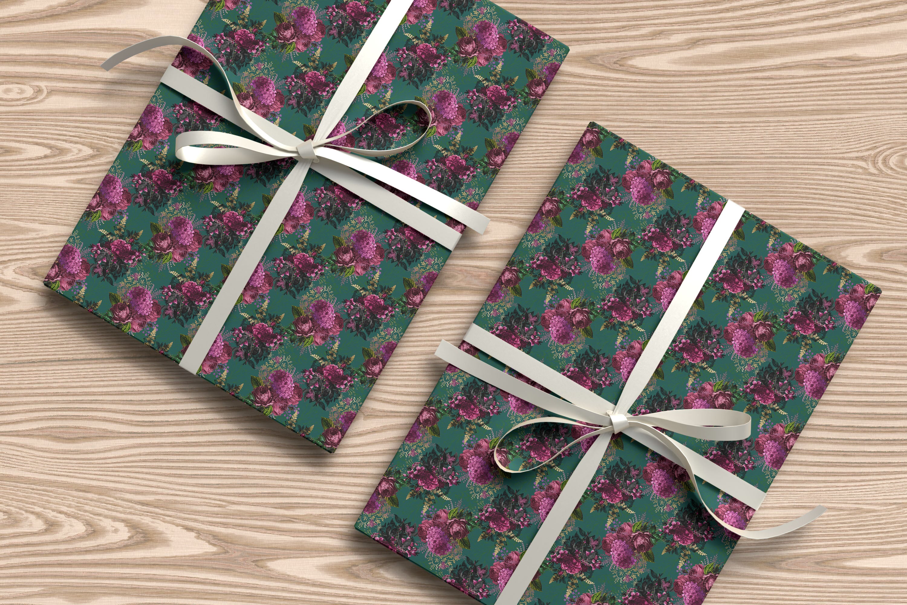 Green Floral Wrapping Paper – Elegant Botanical Gift Wrap with Deep Pink Blooms