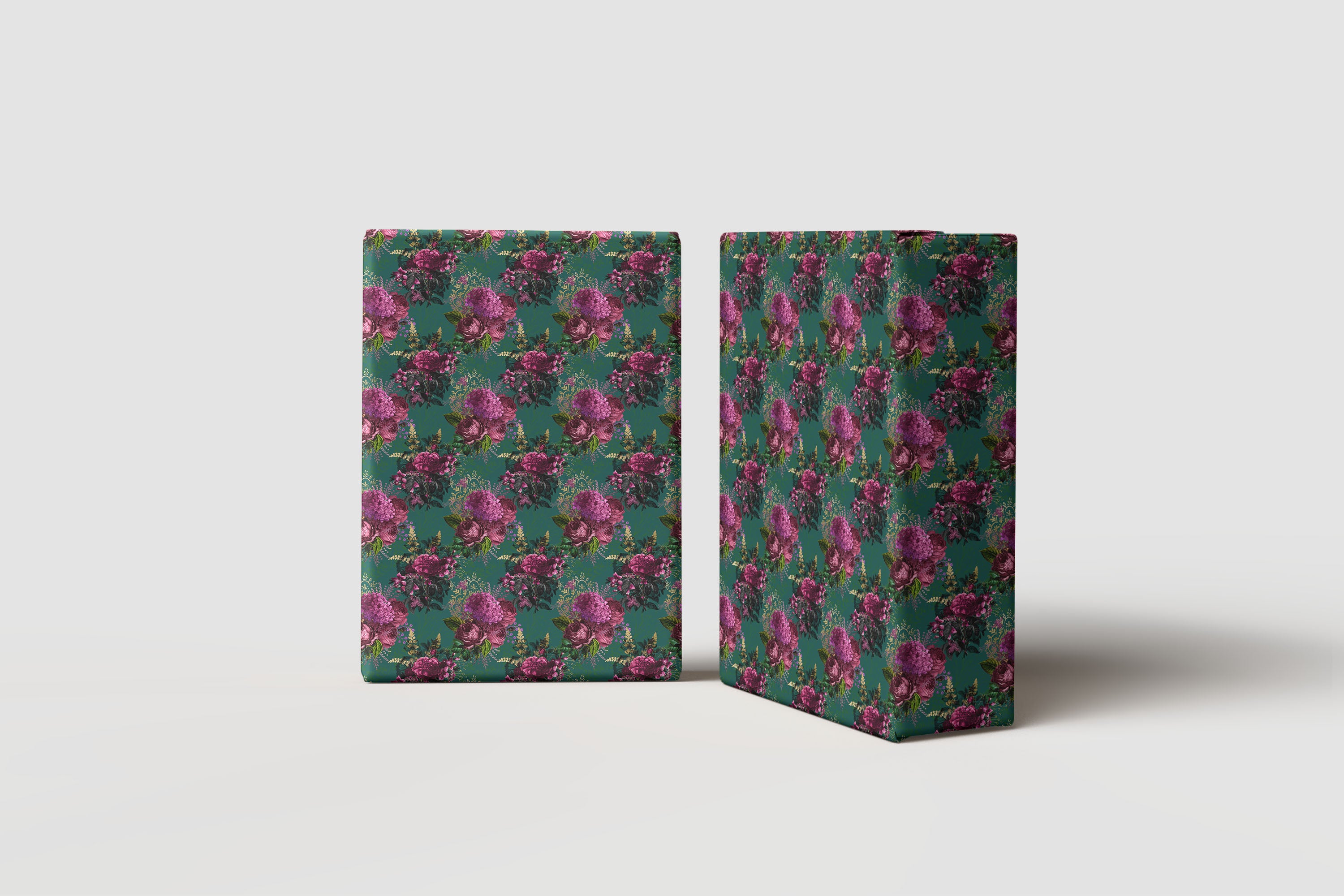 Green Floral Wrapping Paper – Elegant Botanical Gift Wrap with Deep Pink Blooms