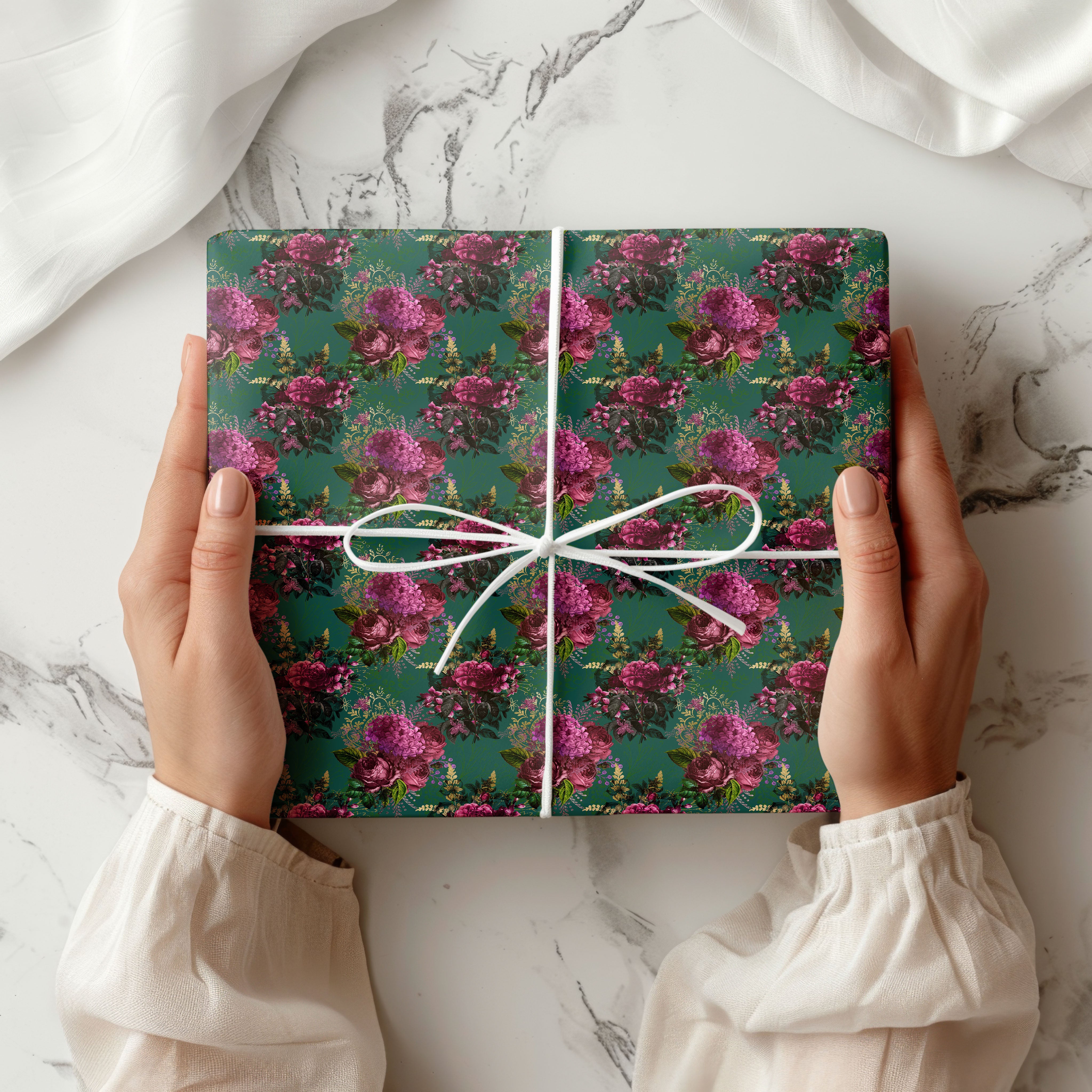 Green Floral Wrapping Paper – Elegant Botanical Gift Wrap with Deep Pink Blooms